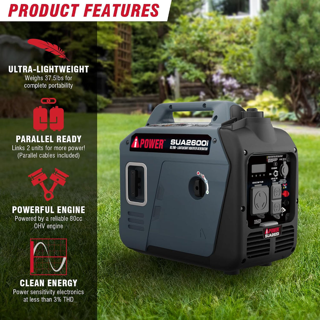 A-iPower Quiet Inverter Generator, 2600W RV Ready, EPA & CARB Compliant CO Sensor, Portable Ultra-Light Weight For Backup Home Use, Tailgating & Camping (SUA2600i)