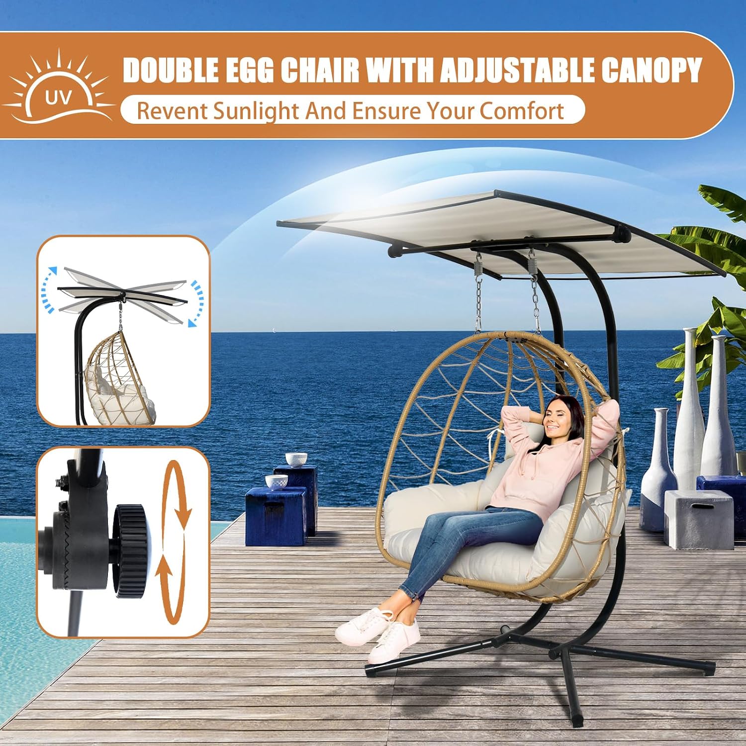 Double Egg Swing Chair With Stand & Adjustable Canopy, Outdoor Indoor Hanging Egg Chair, Handwoven Pe Rattan Loveseat With Uv-Resistant Cushions, 680Lbs Capacity For Patio, Garden, Balcony (White)