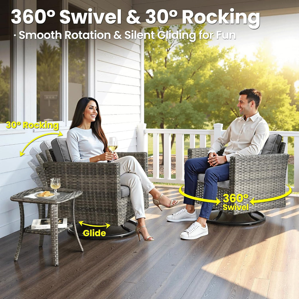 ovios 7-Pieces Patio Furniture Set, Outdoor Wicker Sofa Couch with Swivel Glider Chairs Loveseat Comfy Cushions Modern Conversation Set for Backyard Porch, Dark Grey