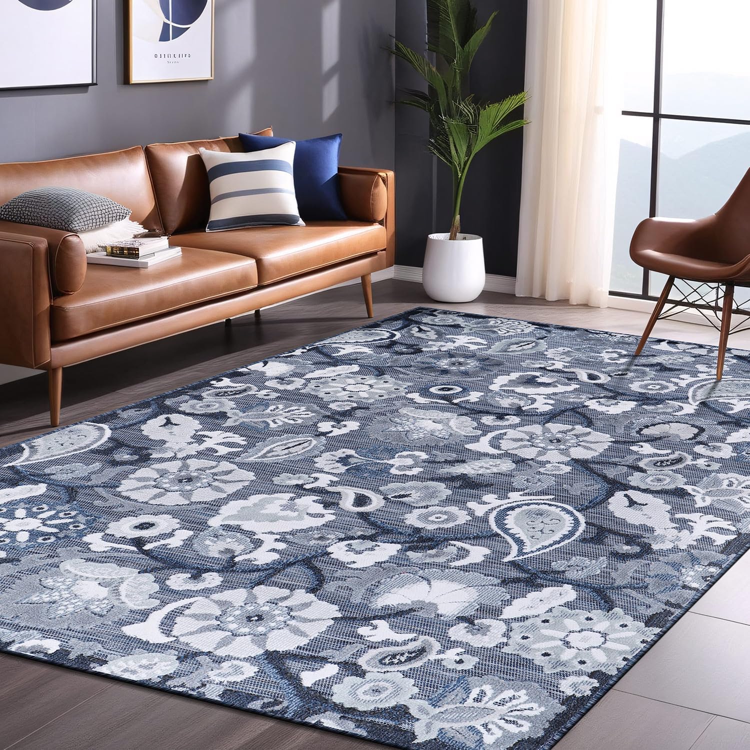 Luul Home Floral Indoor Outdoor Rugs 9x12 Large Area Rug for Living Room, Patio Decor, Kitchen, and Entryway Rug, Washable Stain Resistant Outside Carpet Navy 9 x 12