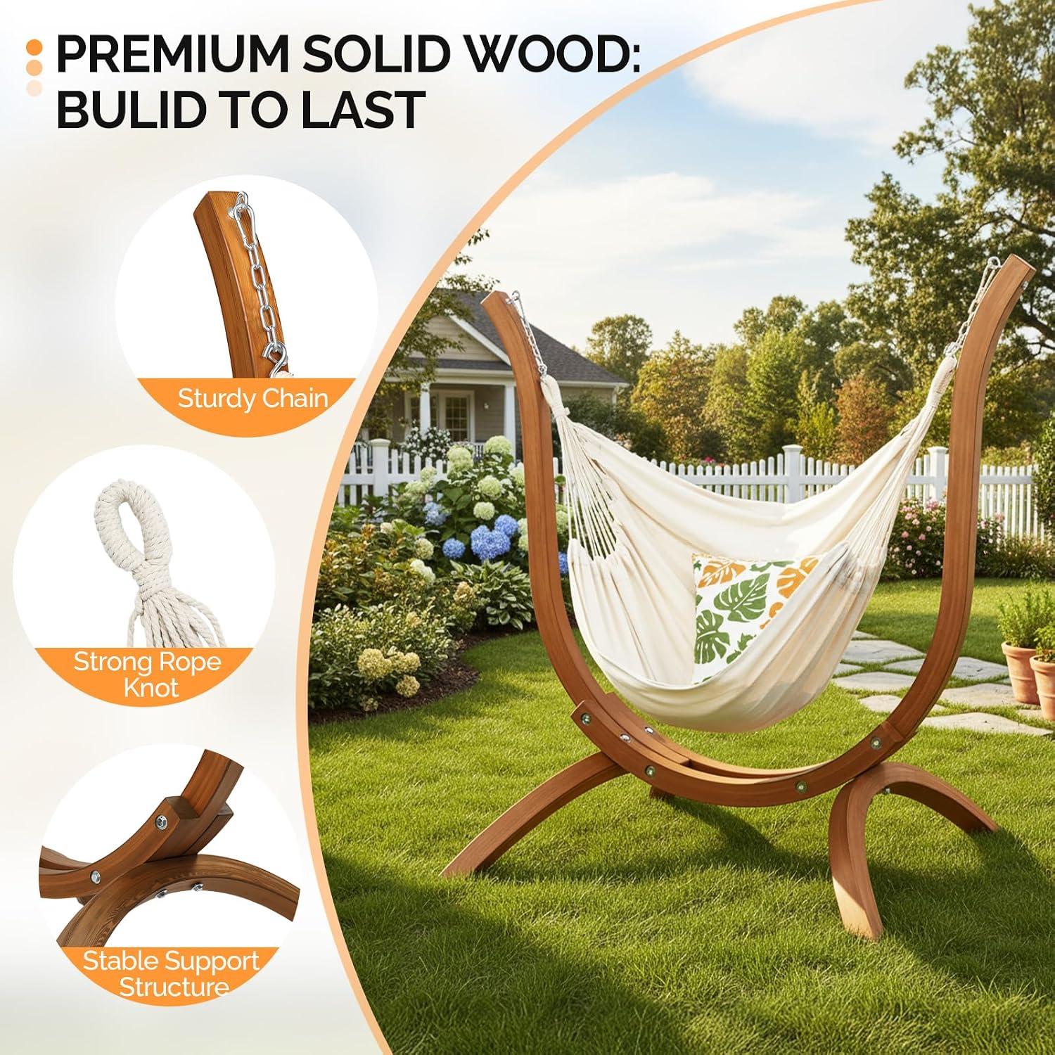 ONCLOUD 550 LBS Hand-Made Elegant Hammock Chair W/Stand, Premium Curved Wooden Hammock Stand w/Chair, One Comfy Cusion Included Hammock Set (Natural Wood)