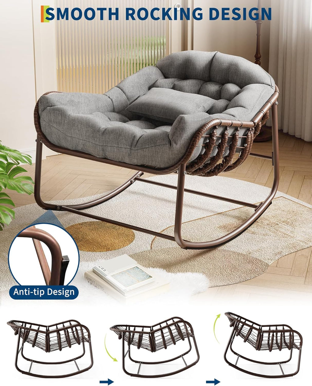 GarveeLife Outdoor Papasan Rocking Chair, Oversized Wicker Lounge Chair with Cushion and Metal Frame, Patio Rattan Egg Rocker for Balcony Backyard Porch Bedroom, Grey