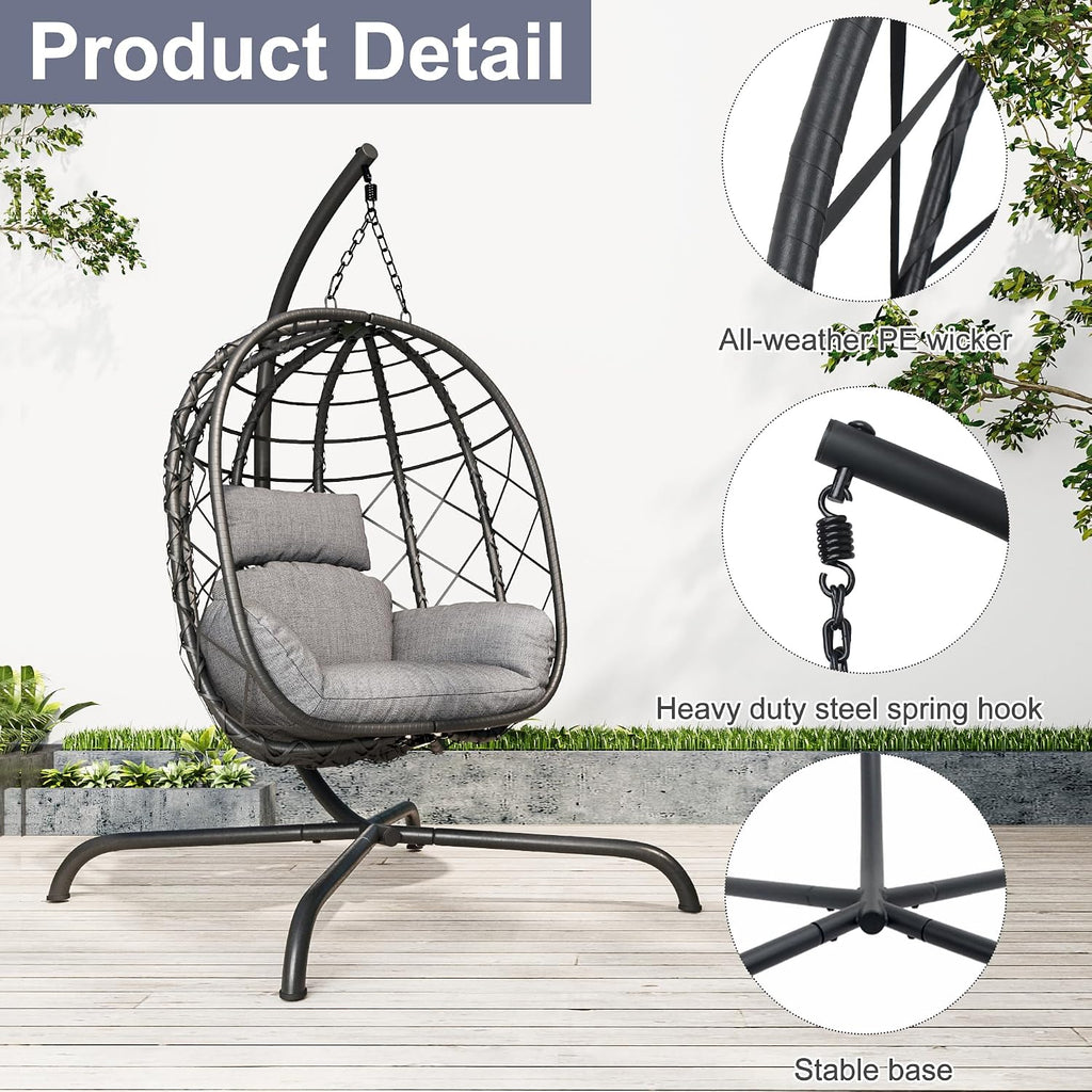 Hanging Egg Chair with Stand Patio Wicker Rattan Swing Chair Hammock Egg Chair for Indoor & Outdoor 400lbs Capacity with Thickened Cushion for Bedroom Balcony Garden