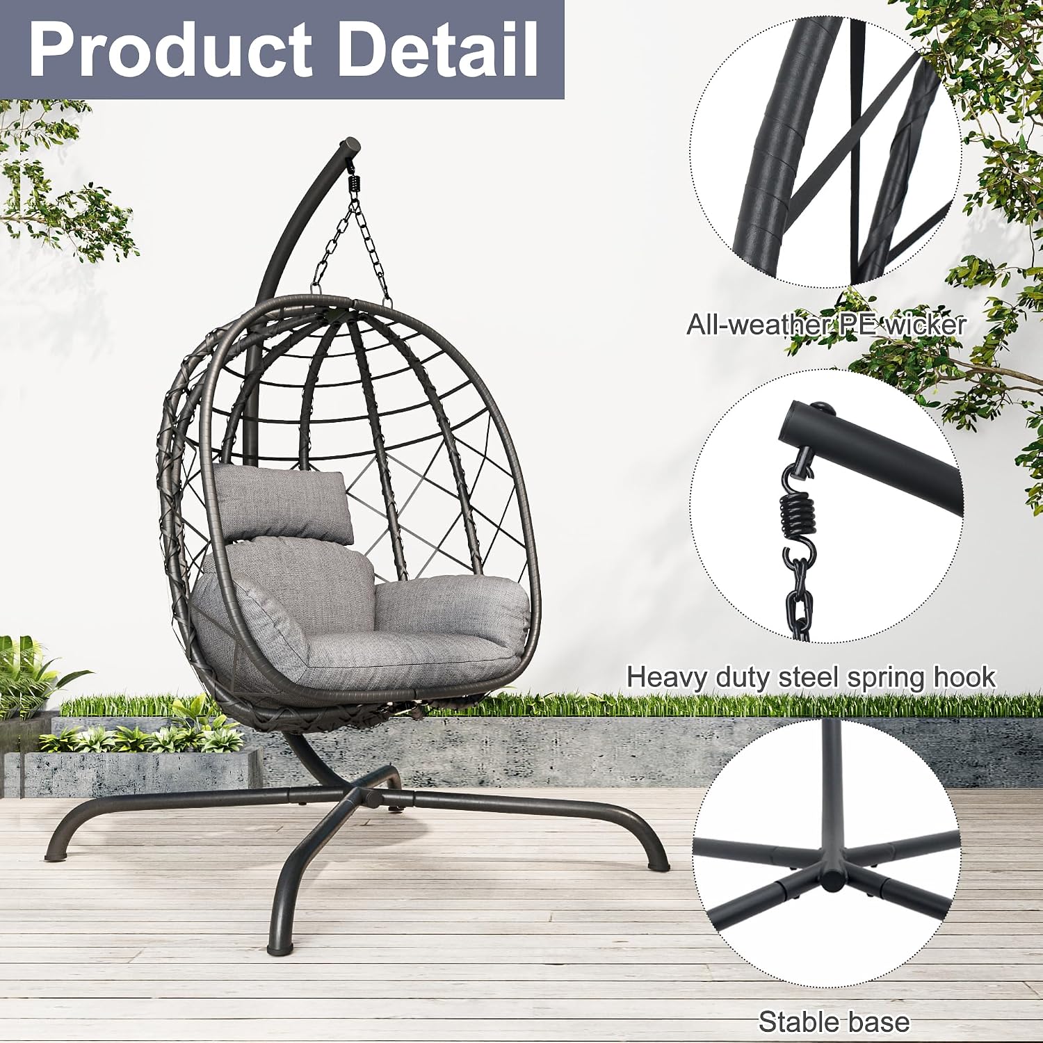 Hanging Egg Chair with Stand Patio Wicker Rattan Swing Chair Hammock Egg Chair for Indoor & Outdoor 400lbs Capacity with Thickened Cushion for Bedroom Balcony Garden