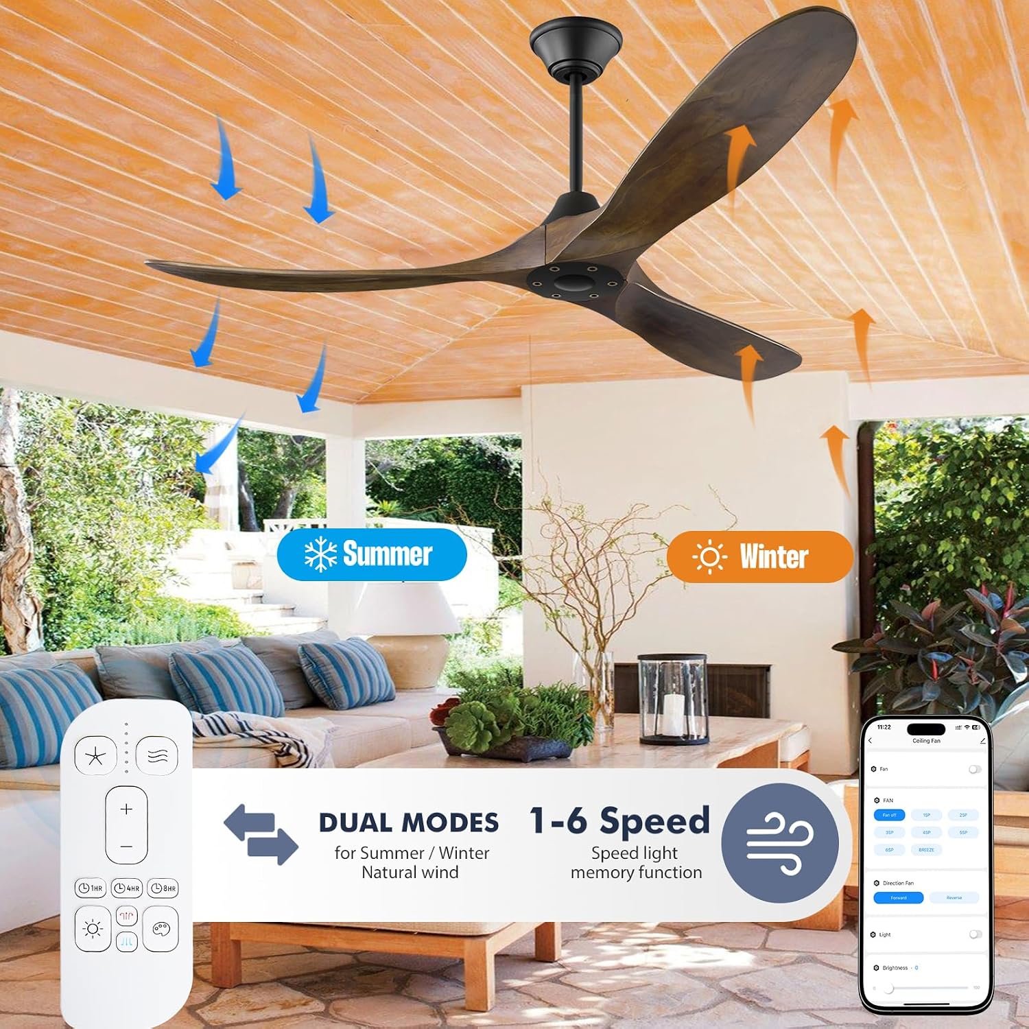 60 inch DC Ceiling Fan No Light Outdoor Ceiling Fan for Patios Damp Rated, ETL Listed 3 Blade Large Airflow Indoor Commercial Smart Ceiling Fans for Exterior Porch Gazebo with Alexa/Remote/APP Control