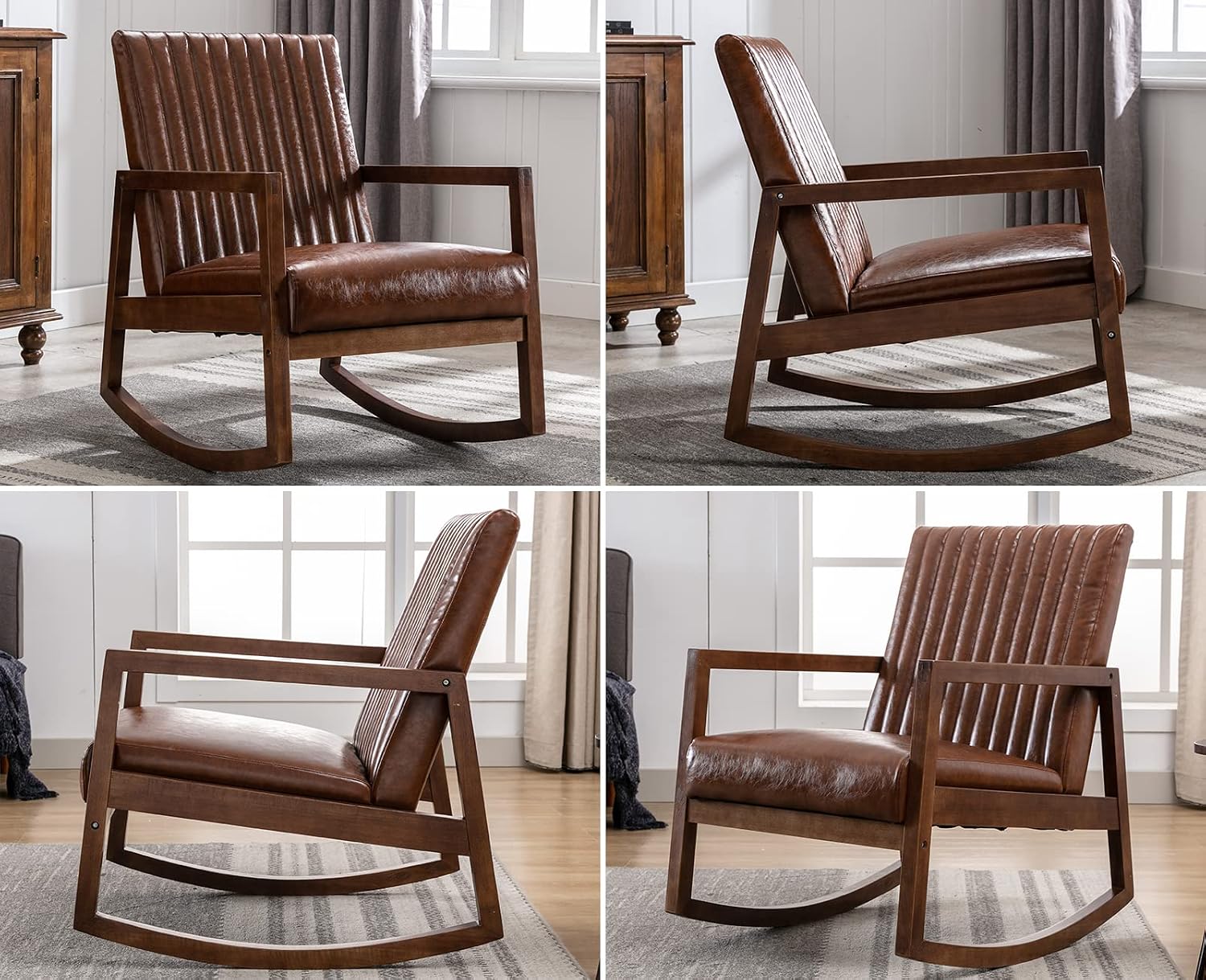 VESCASA Upholstered Rocking Chair with Channel-Tufted Back, Mid-Century Modern Comfy Oil Wax PU Leather Rocker with Black Walnut Wood Frame for Nursery Living Room Bedroom Indoor, Brown