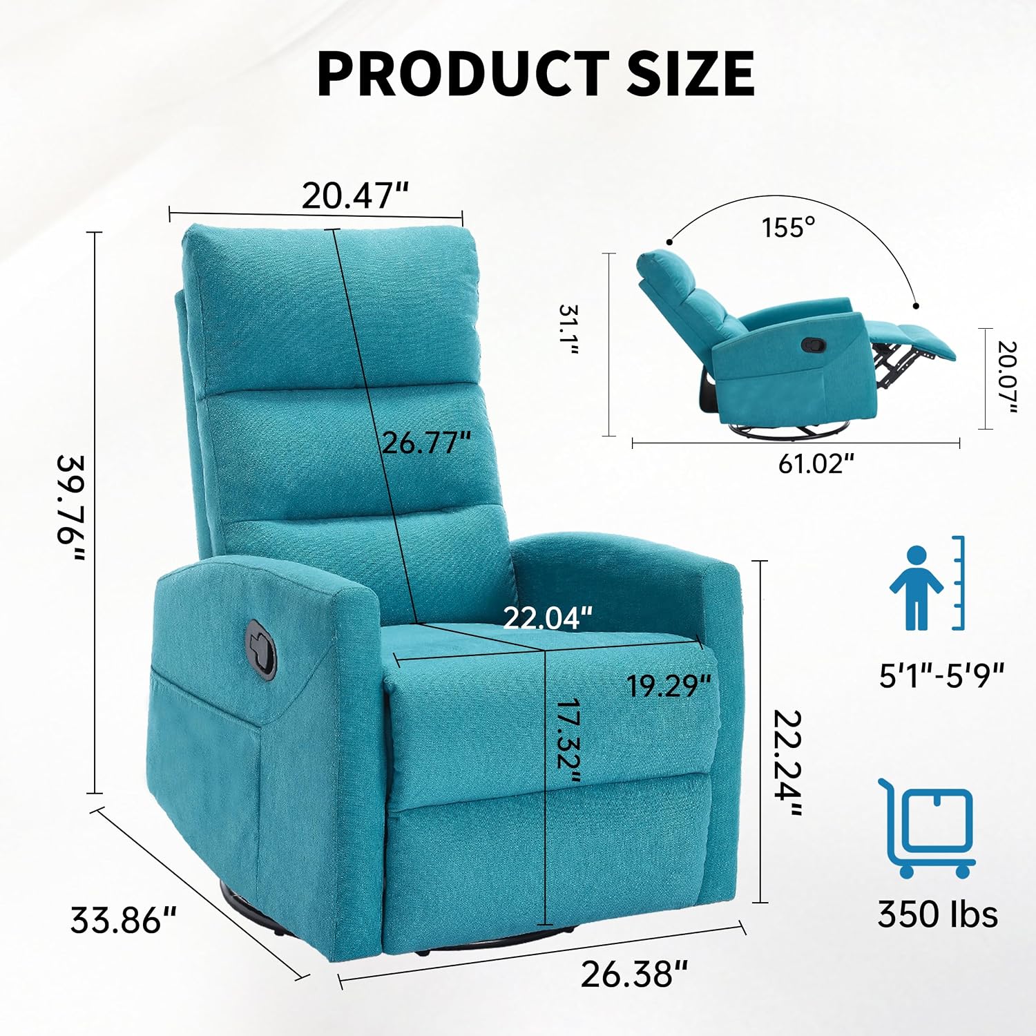 360° Swivel Rocking Chair for Nursery, Manual Glider Chair Nursing Chair with Side Pockets, Polyester Glider for Living Room, Heavy Duty Motion Mechanism, Blue