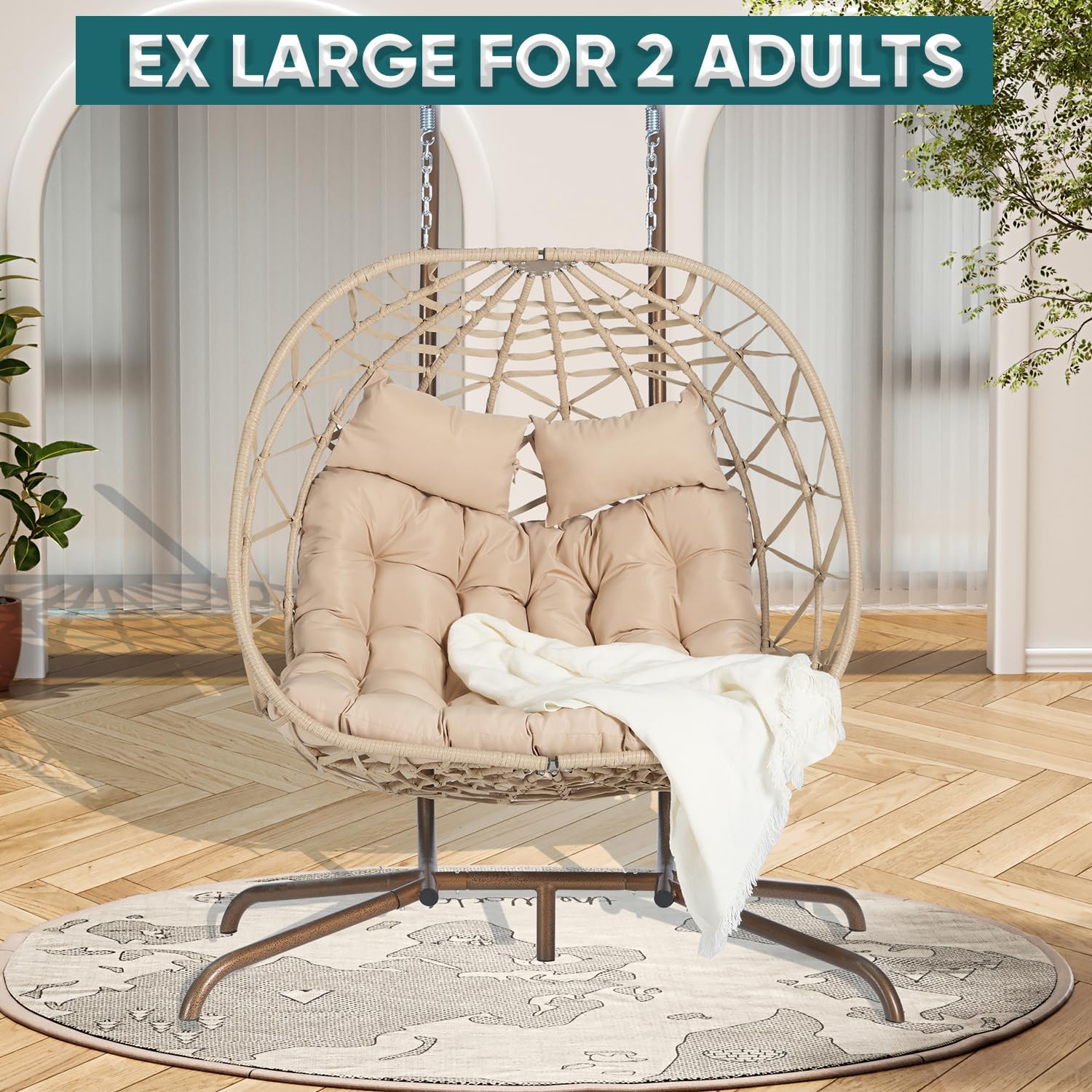 JOYBASE Double Swing Egg Chair with Stand, 2-Person Hanging Egg Chair Wicker Rattan Oversized Swinging Chair for Outdoor Indoor Garden Patio (Khaki Cushion and Beige Rattan)