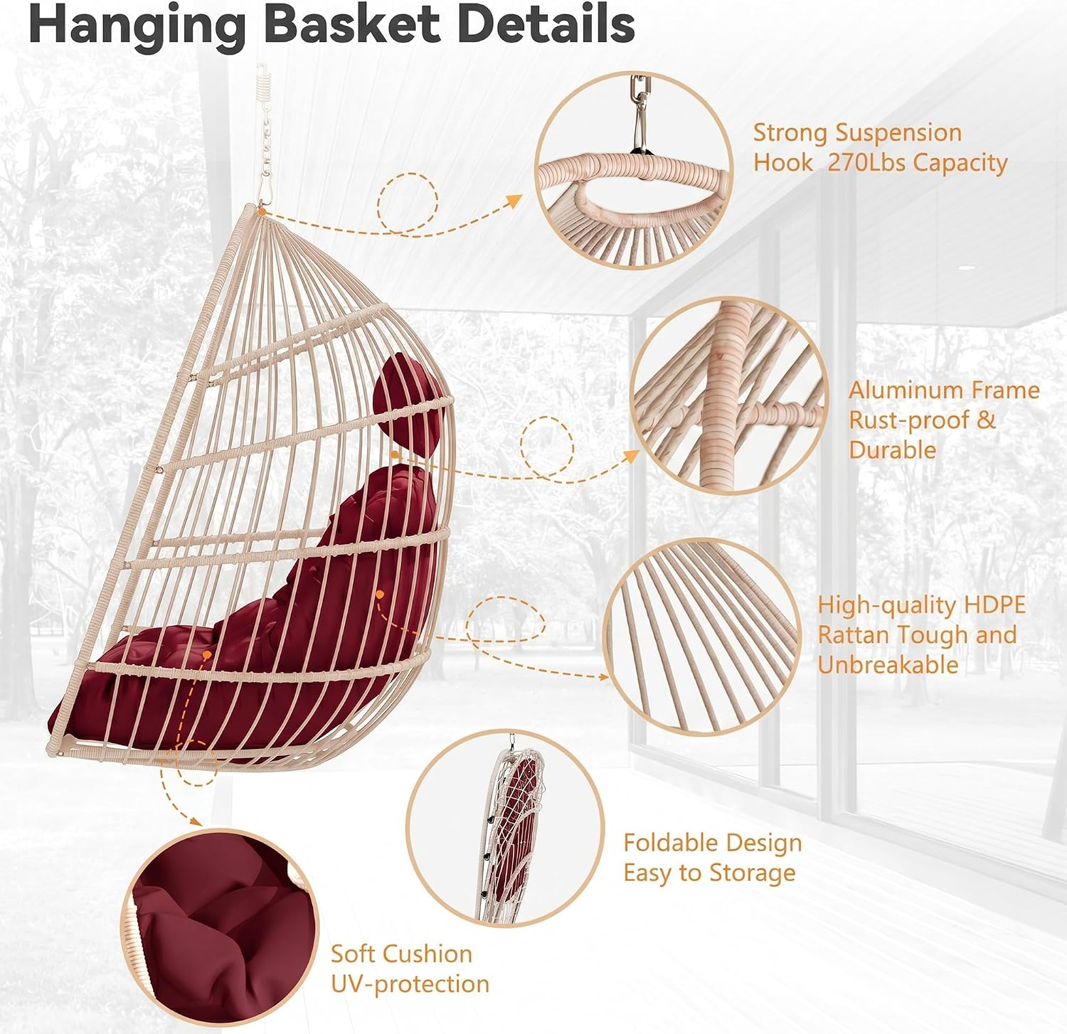 Hanging Egg Chair with Pillow, HDPE Rattan Foldable Swing Chair with Aluminum Frame & UV Resistant Cushion, Hammock Egg Basket Without Stand for Indoor Outdoor, 350Lbs Capacity, Strawberry Red