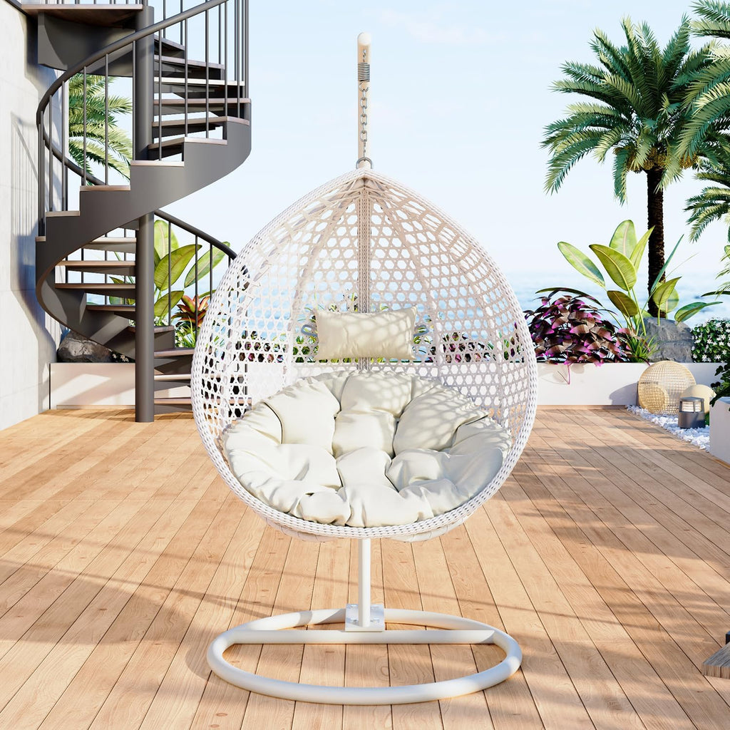Hanging Egg Chair Outdoor Indoor,Wicker Swing Egg Chair with Stand, 300lbs Capacity for Bedroom Patio Garden Balcony Yard (White)