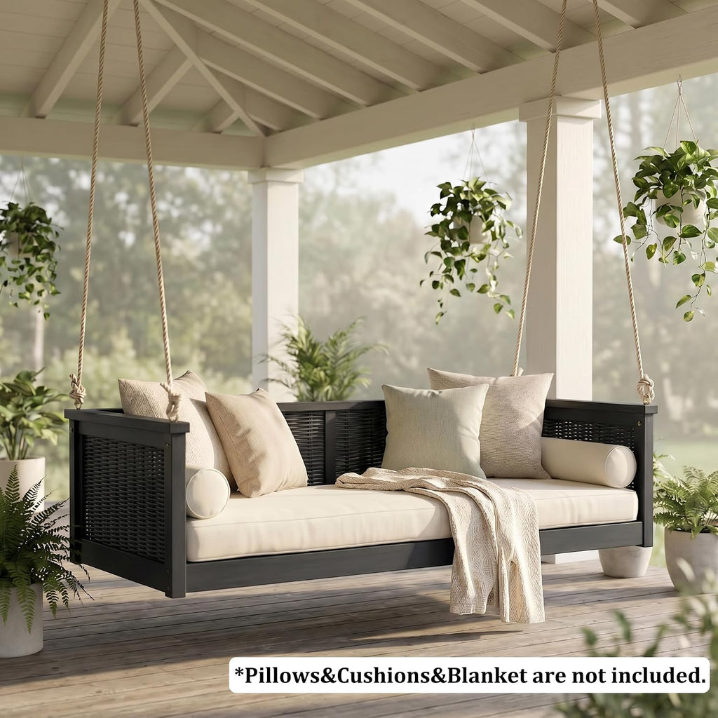 Acacia Wood & Rattan Twin Size Outdoor Swing Bed with Hanging Ropes - 3 Color Options for Backyard or Porch Relaxation (Black/RR)