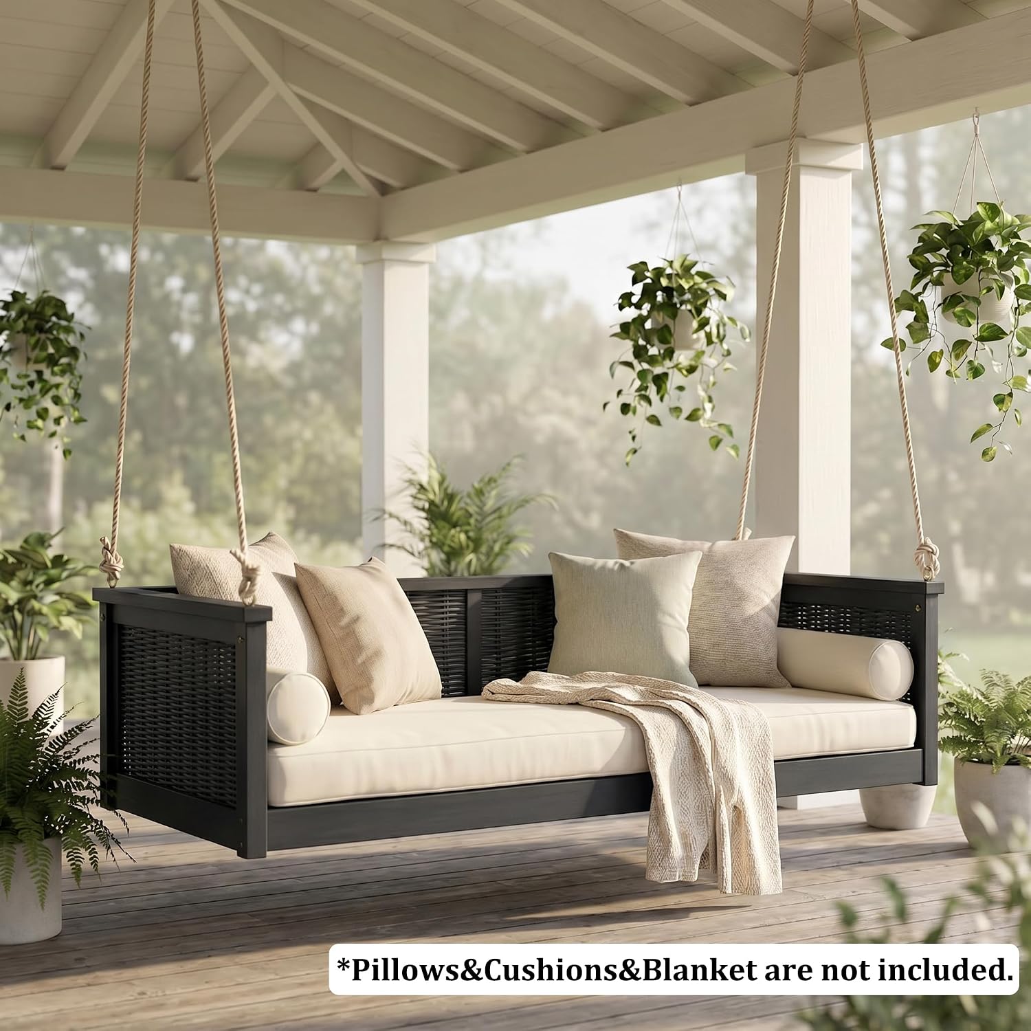 Acacia Wood & Rattan Twin Size Outdoor Swing Bed with Hanging Ropes - 3 Color Options for Backyard or Porch Relaxation (Black/RR)
