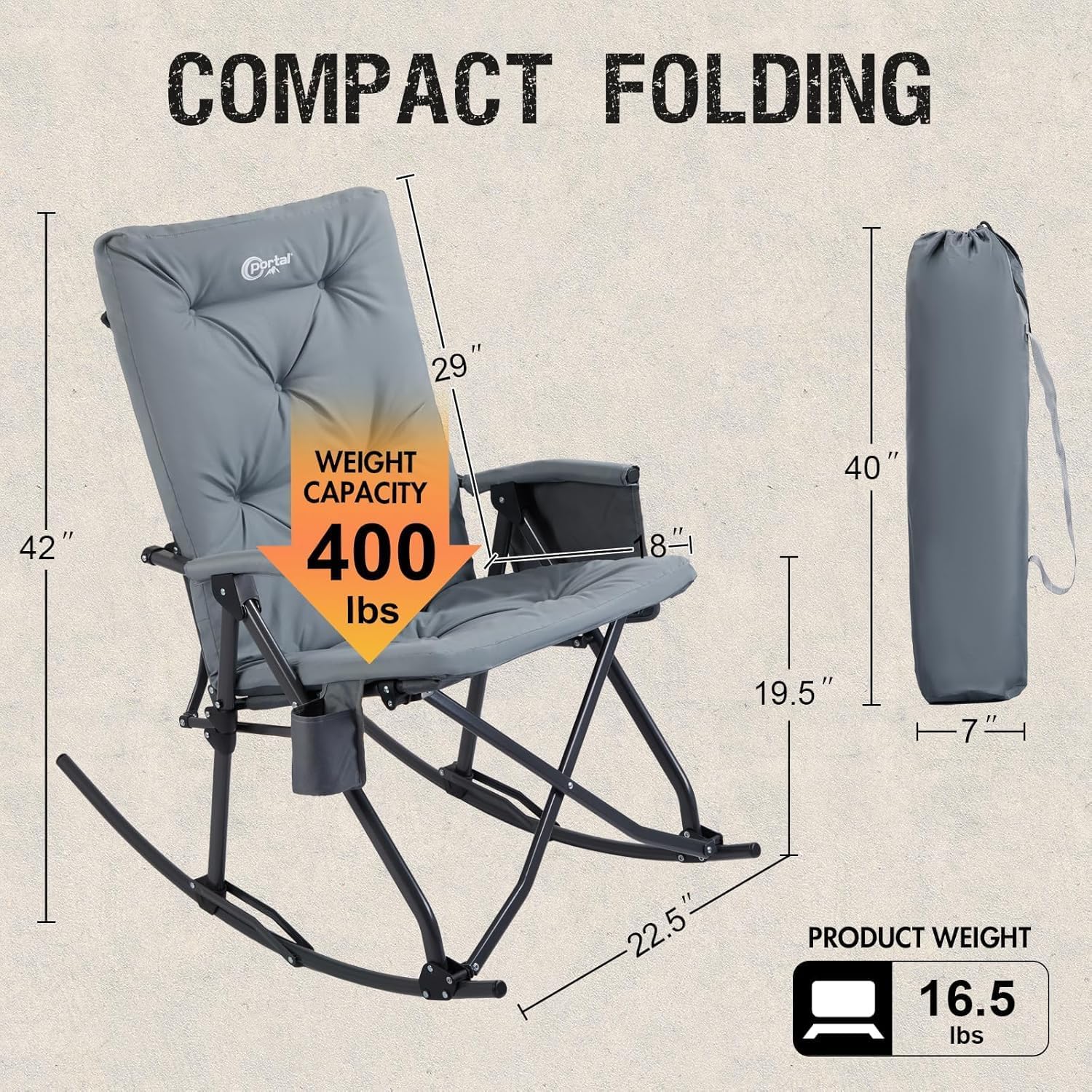 Portal Folding Rocking Camping Chair Outdoor - Thick Padded Rocking Recliner Chair Portable Camping Rocker for Patio Front Porch Backyard Lawn Living Room, Supports 400 LBS