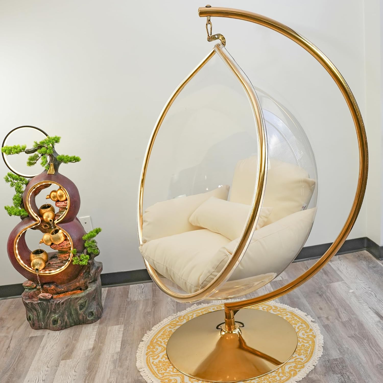 Hanging Chair - Transparent Acrylic Bubble, Waterdrop Shape, Indoor Swing Chair with Gold/Chrome Stand, Durable Fabric Cushion - Luxury Accent for Living Room, Bedroom (Gold/Ivory)
