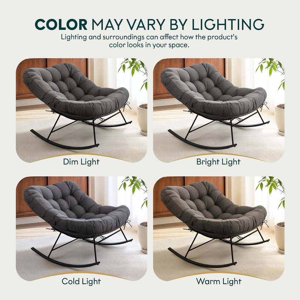 Bme Patio Rocking Chair Outdoor and Indoor, Modern Metal Lounge Rocker with Thick 7'' Cushion, 400lbs Capacity, Ergonomic Design, Easy Assembly, Grey Cushion - Black Matte Rocker