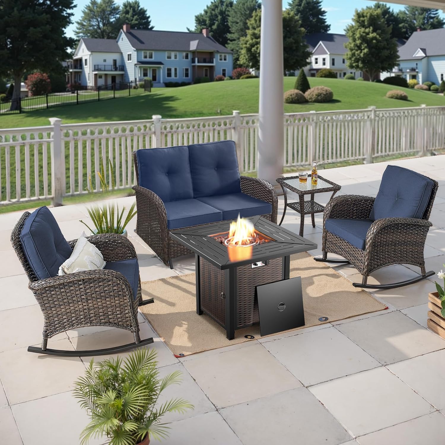 Belord 5 Piece Patio Furniture Set with 50000 BTU Propane Fire Pit Table, All-Weather Patio Rocking Chairs, Loveseat Glider and Side Table for Outdoor Conversation Deck Backyard Poolside Blue