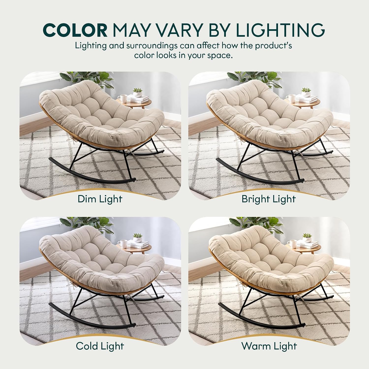 Bme Patio Rocking Chair Outdoor & Indoor, Metal Patio Lounge Rocking Chair with Thick Cushion, Comfy Modern Rocker Chair for Living Room, Porch, Backyard, Beige Cushion - Black Matte Rocker