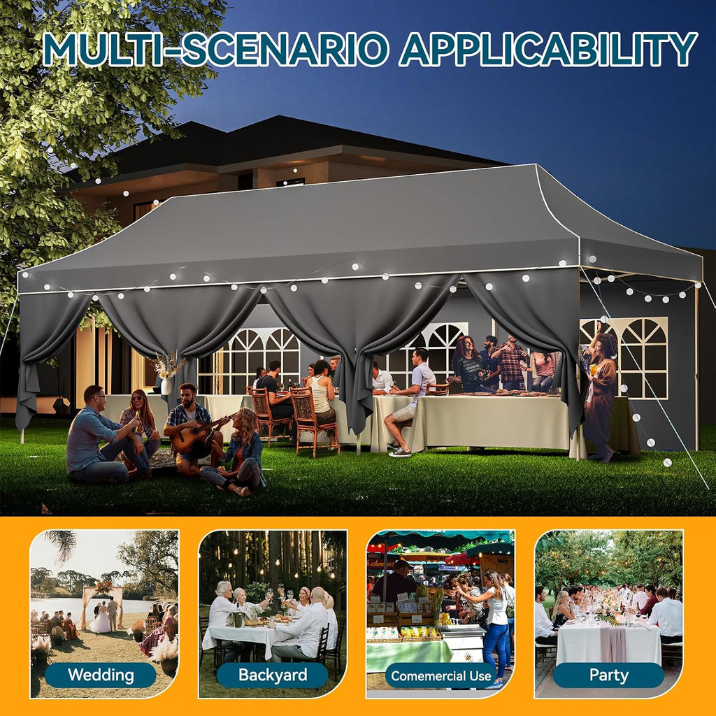 Hoteel 10x30 Pop Up Canopy Tent Heavy Duty with 8 Sidewalls, Waterproof Party Tent, Easy Set-up Commercial Instant Tents with Hand Bag, Rope & Nail, Hexagonal Leg (1-Year Warranty)