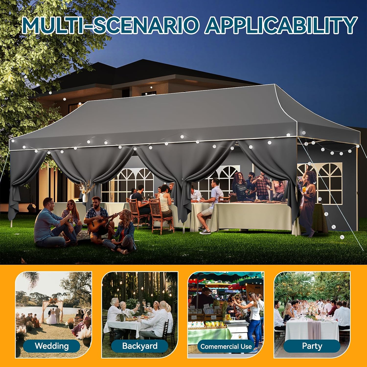 Hoteel 10x30 Pop Up Canopy Tent Heavy Duty with 8 Sidewalls, Waterproof Party Tent, Easy Set-up Commercial Instant Tents with Hand Bag, Rope & Nail, Hexagonal Leg (1-Year Warranty)
