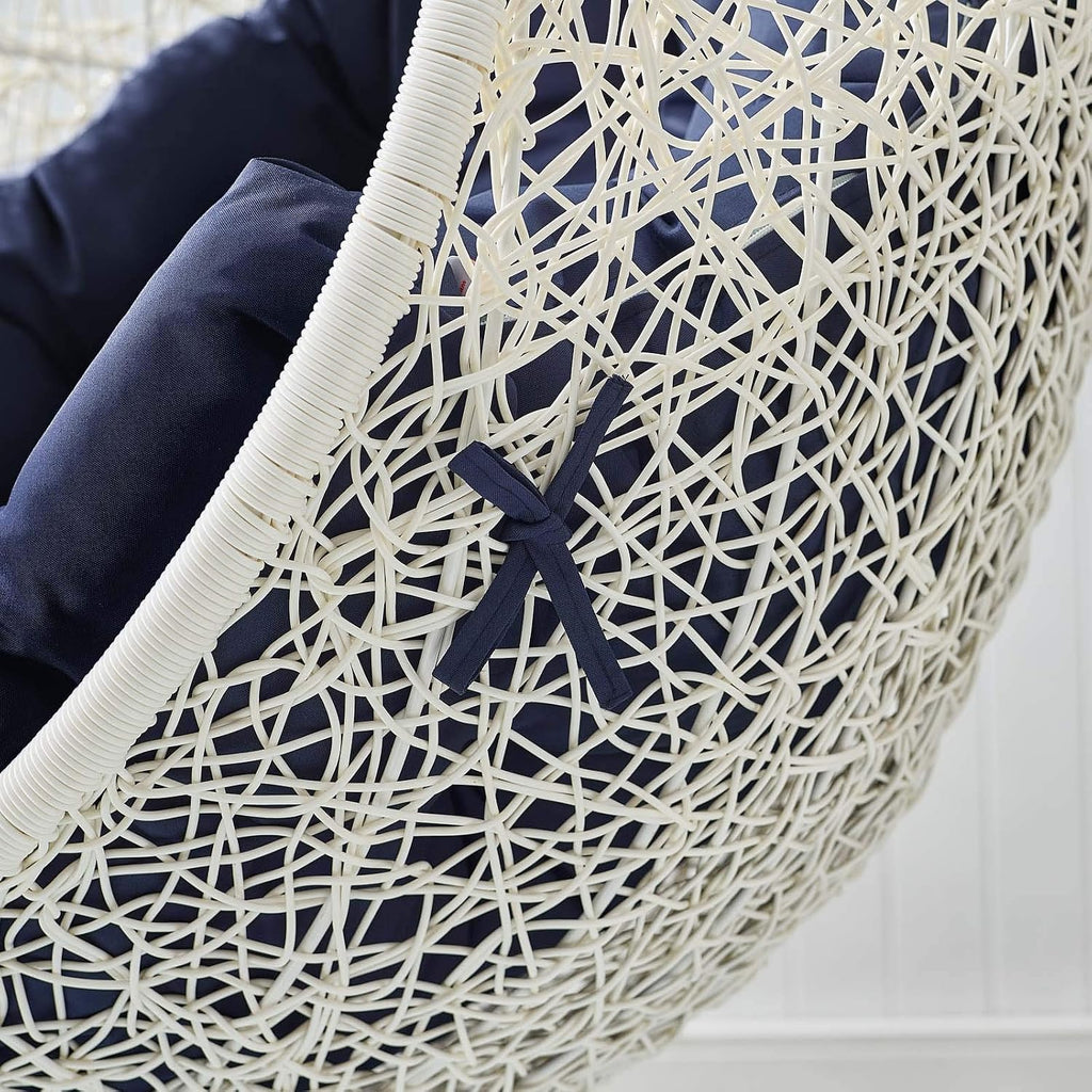 Modway Hide Wicker Rattan Outdoor Patio Porch Lounge Egg Swing Chair Set with Stand in White Navy