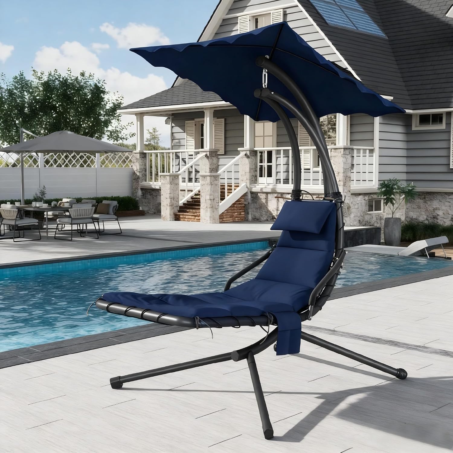 Hanging Chaise Lounge Swing Chair, Hanging Curved Chaise Lounge Chair Umbrella, Curved Steel Hammock Lounger Chairs for Outdoor Indoor Patio Pool Garden Backyard Porch