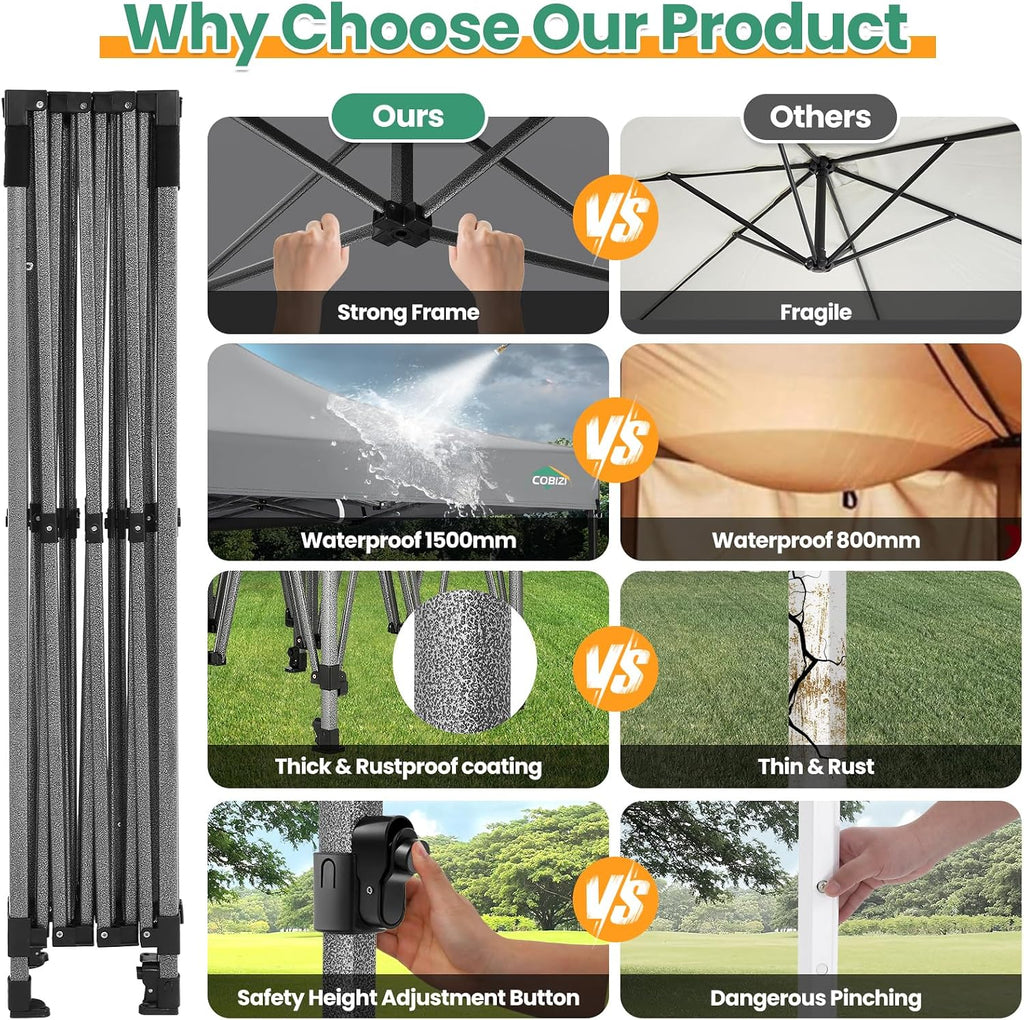 COBIZI 10x15 Heavy Duty Pop up Canopy Tent with 4 sidewalls, Commercial Outdoor Tents for Parties,Backyard Event, Wedding, All Season Waterproof Event Shelter with Carry Bag, Gray(Frame Thickened)