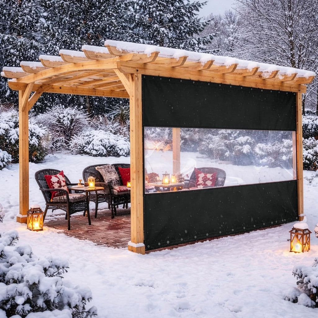 Covers & All Vinyl Outdoor Curtains for Patio Waterproof – 12 oz Outdoor Clear Panel Curtains, Gazebo Curtains with Brass Grommets for Pergola, Porch & Patio Walls for Winter (7 x 10 ft, Black)