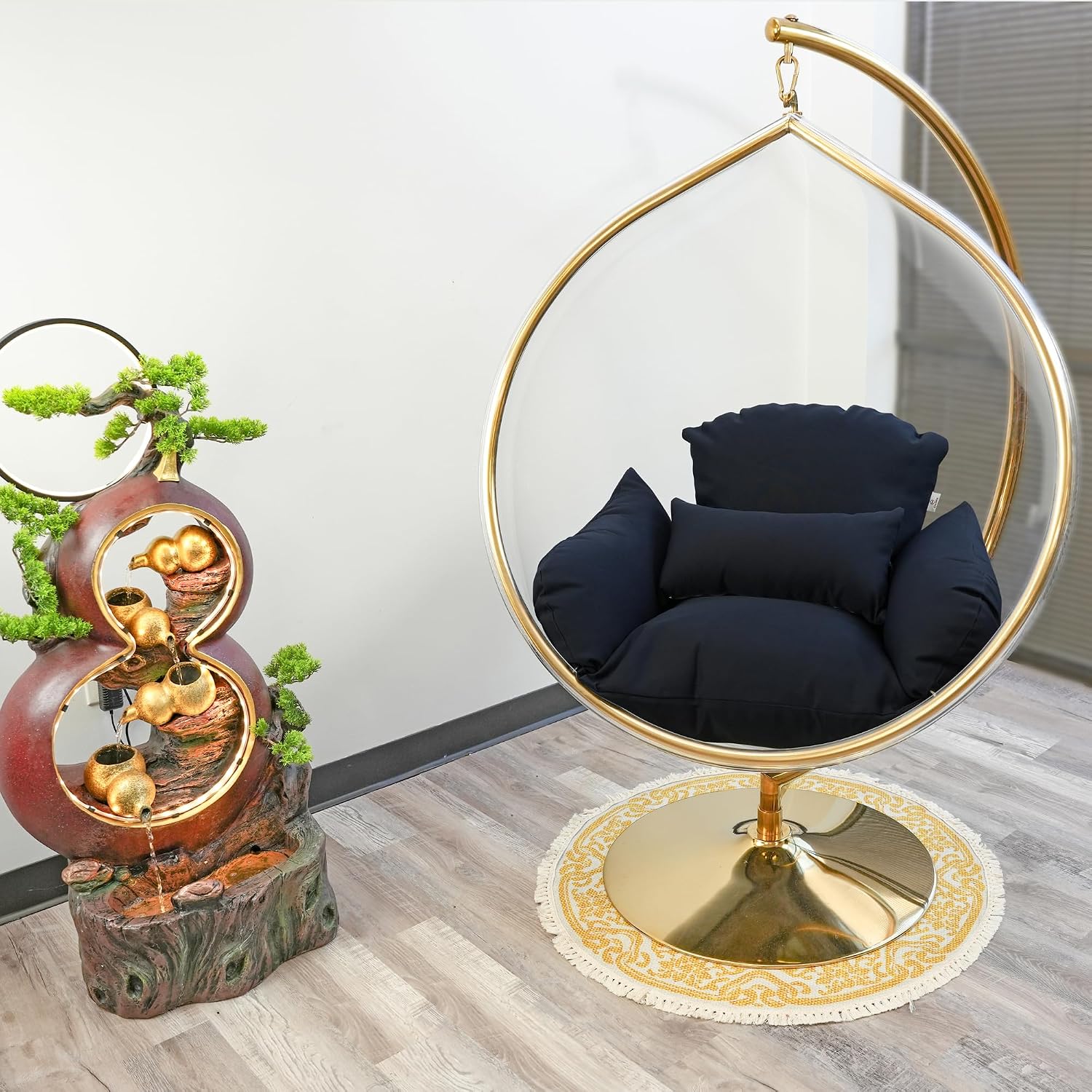 Hanging Chair - Transparent Acrylic Bubble, Waterdrop Shape, Indoor Swing Chair with Gold/Chrome Stand, Durable Fabric Cushion - Luxury Accent for Living Room, Bedroom (Gold/NavyBlue)