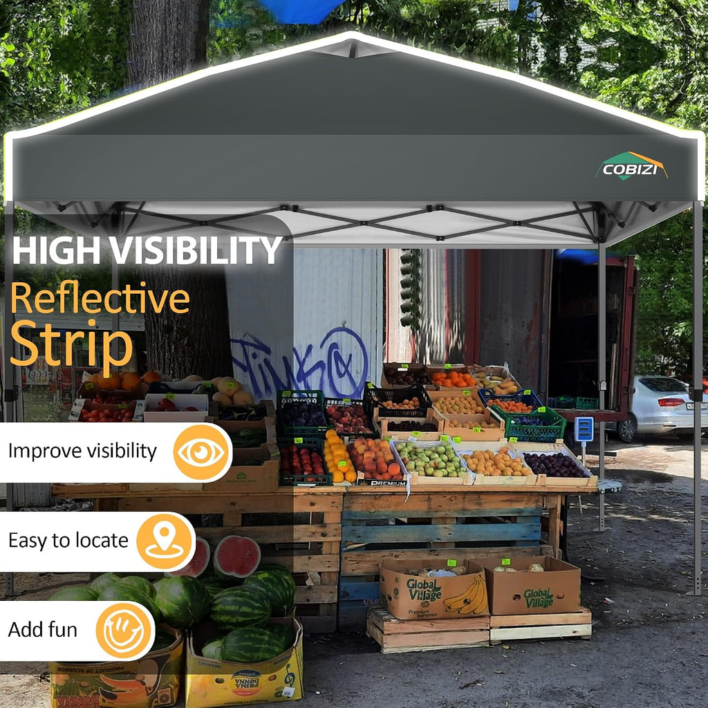 COBIZI Canopy 10x10 Pop Up Canopy Tent 1-Button Push Easy up Outdoor Canopy Instant Portable Commercial Shelter Waterproof UPF50+ Gazebo with Reflective Strip, Air Vent & 4 Sandbags,Grey