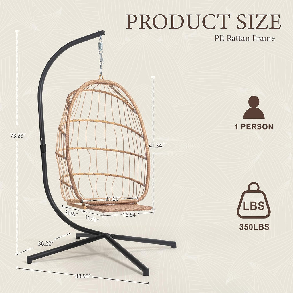 Yechen Hanging Egg Chair with Stand and Footrest for Indoor Outdoor, Foldable Wicker Rattan Patio Egg Swing Chairs Hammock Egg Chair with UV Resistant Cushion for Bedroom Porch, 350 Lbs Capacity