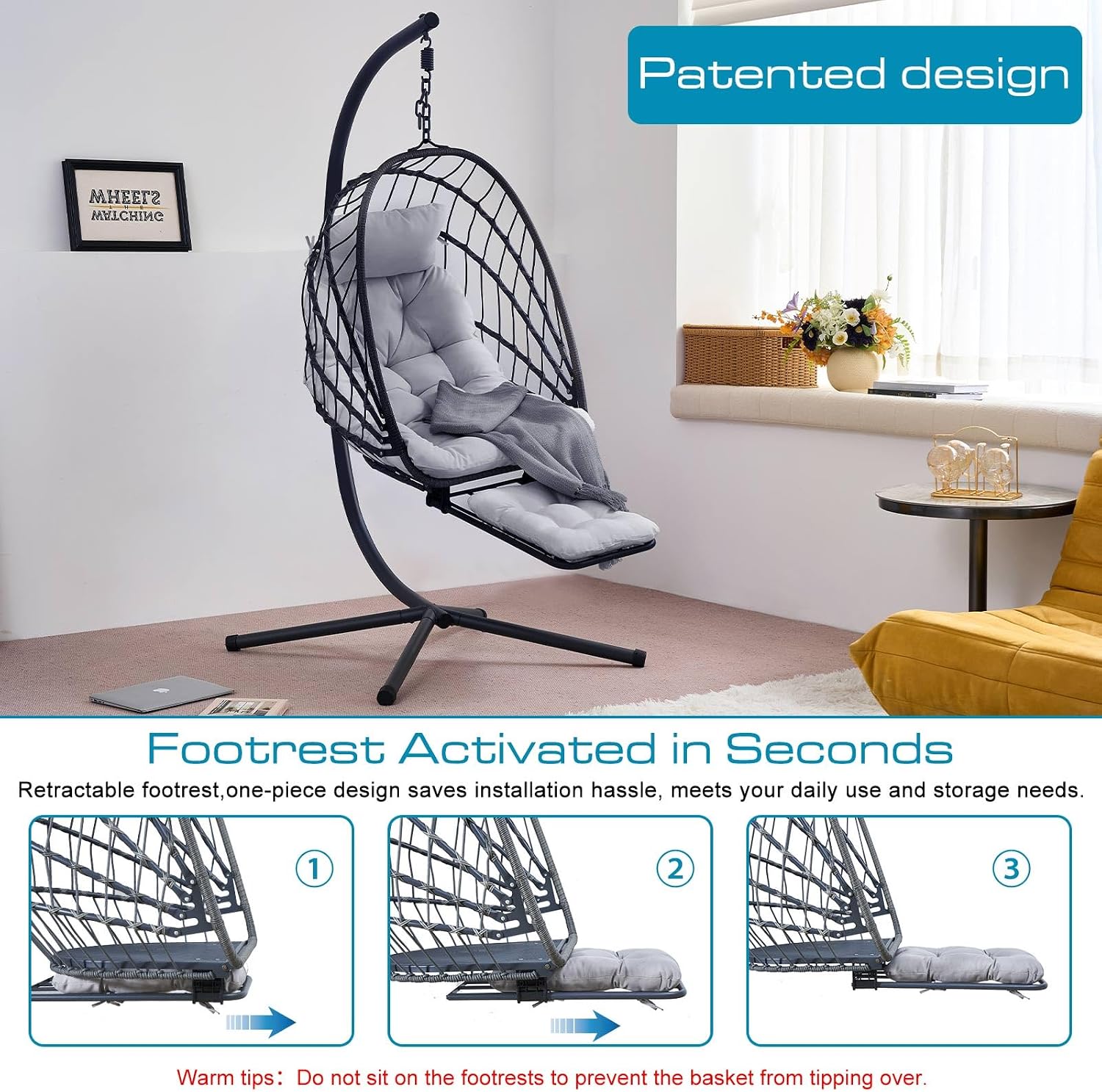 Hanging Egg Chair with Leg Rest and Stand – Rattan Wicker Swing Hammock Chair, UV-Resistant Cushion, Heavy-Duty Frame for Indoor & Outdoor Patio, Bedroom, Balcony, Garden – 330 lbs Capacity(Grey)