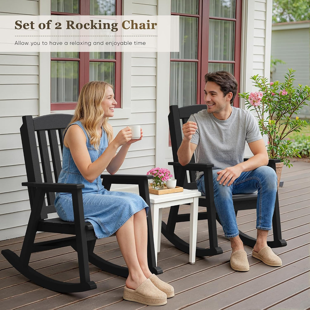 Greesum Set of 2 Outdoor Rocking Chair, 300lbs All-Weather Patio Rocker, Rust-Proof & UV-Resistant, Comfortable Smooth Glide for Deck, Porch, Lawn, or Garden, Black