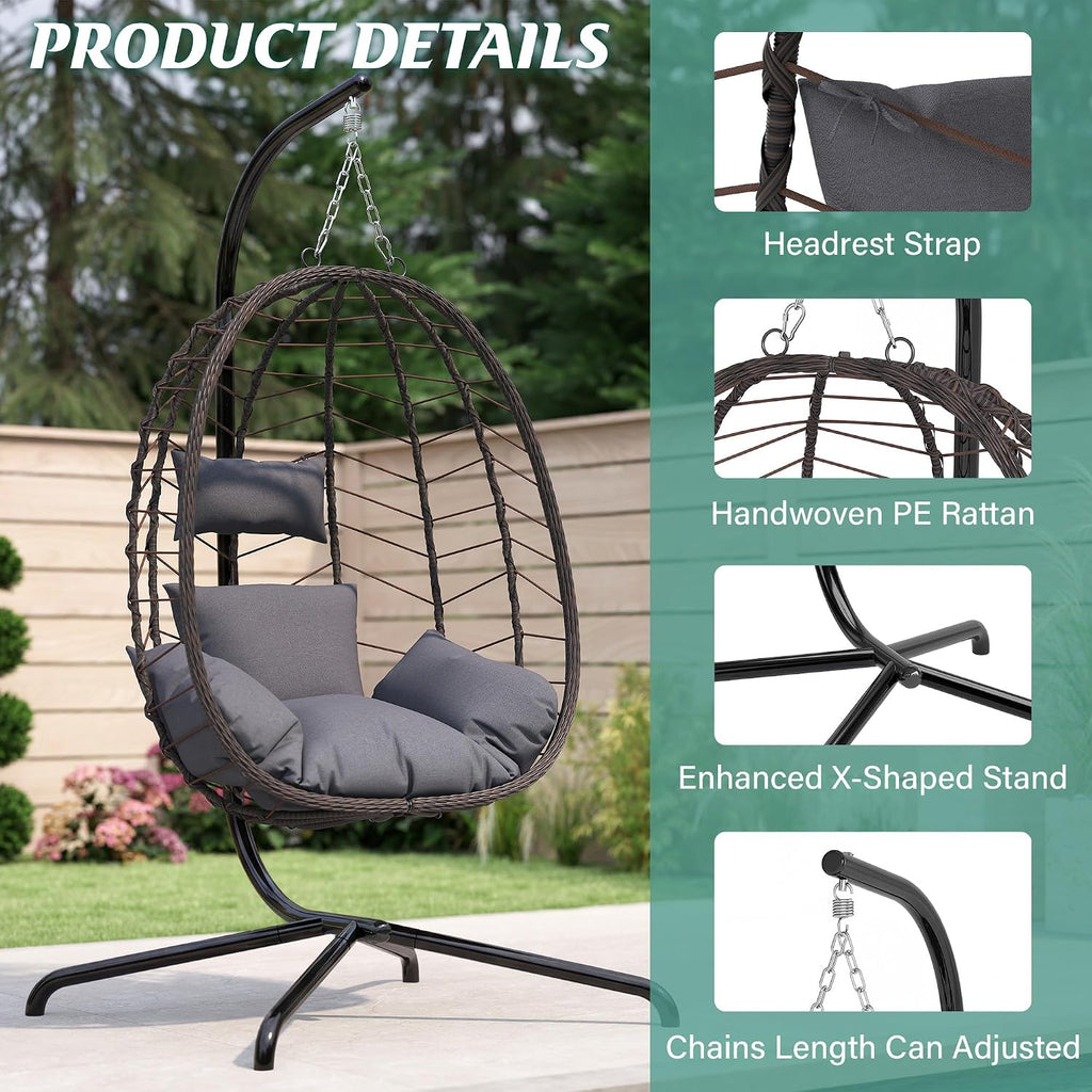 LEX CRAFT Hanging Egg Chair with Stand, Swinging Egg Chair Outdoor Indoor, Hanging Basket Chair with Cushion, Patio Wicker Hammock Chair 350lbs Capacity for Porch, Balcony, Backyard, Garden (Grey)