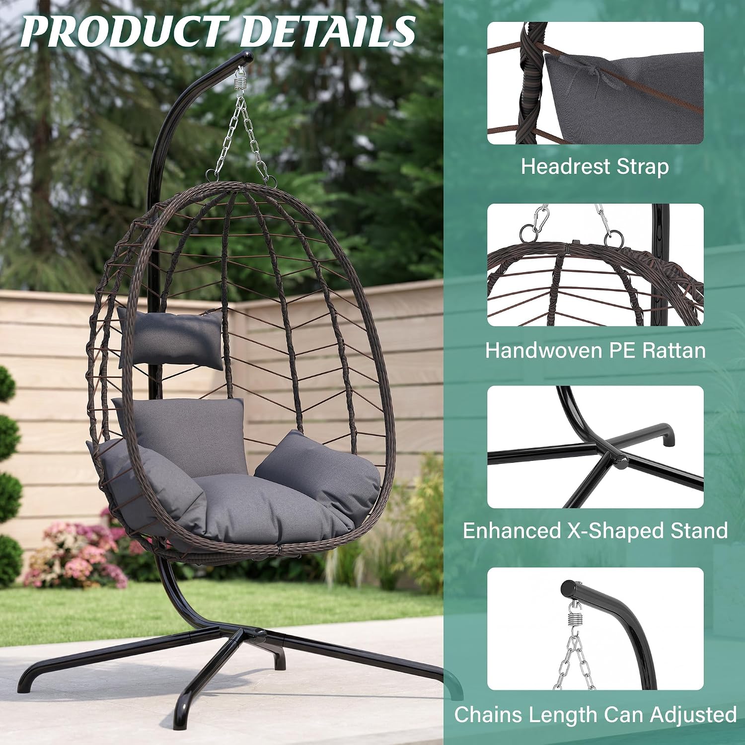 LEX CRAFT Hanging Egg Chair with Stand, Swinging Egg Chair Outdoor Indoor, Hanging Basket Chair with Cushion, Patio Wicker Hammock Chair 350lbs Capacity for Porch, Balcony, Backyard, Garden (Grey)