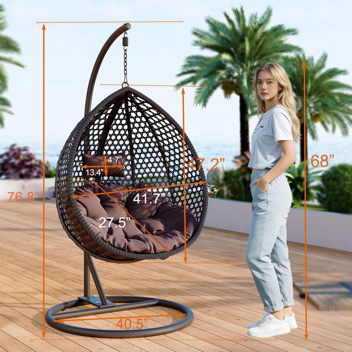 Egg Swing Chair Outdoor with Stand, Indoor Hanging Egg Chair, Rattan Basket Chair with Cushion and Pillow, Foldable Basket and Metal Stand for Backyard Sunroom Patio Balcony (Black)
