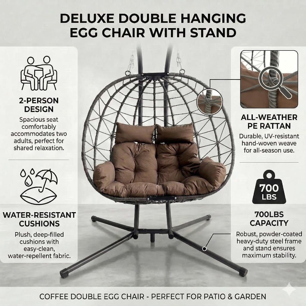 JOYBASE Double Swing Egg Chair with Stand, 2-Person Hanging Egg Chair Wicker Rattan Oversized Swinging Chair for Outdoor Indoor Garden Patio (Brown)