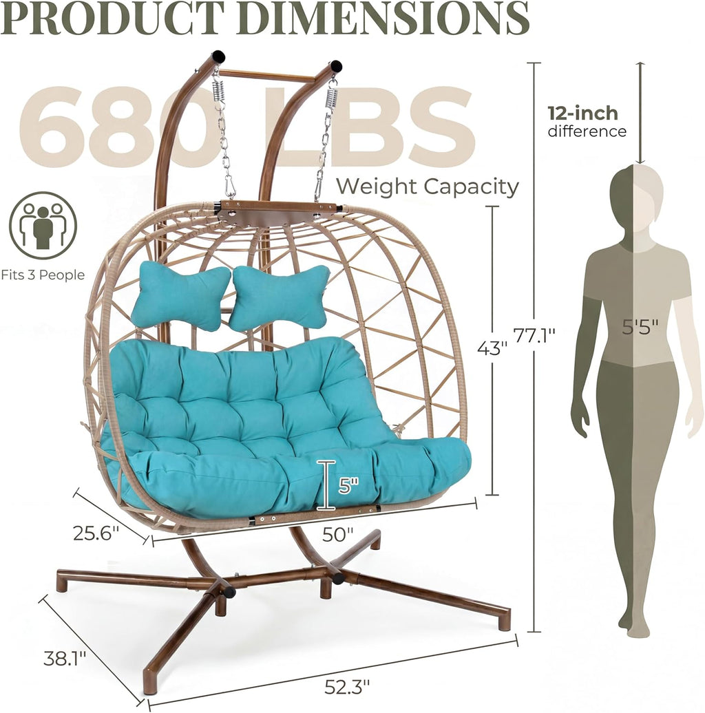RADIATA 2 Person Egg Chair Swing with Stand Outdoor, Extra Large Double Hanging Egg Chair, Oversized Sturdy Wicker Patio Chairs with Cushion Loveseat for Indoor Backyard Balcony Bedroom Porch, Teal