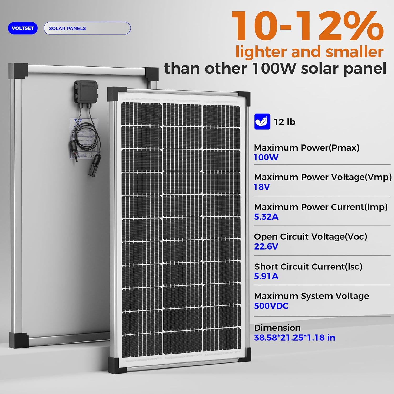 Voltset 200W 12V Solar Panels, High Efficiency 9BB Cell Monocrystalline Solar Panel IP67 Waterproof, Suitable for RV, Marine, Rooftop, Home, Yacht, Off-Grid Applications (2-Pack 100W)