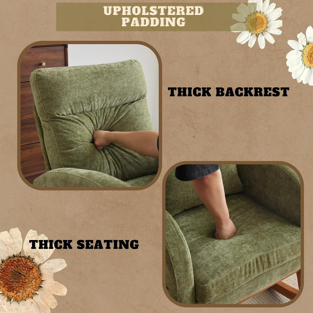 VINGLI Olive Chenille Rocking Chair Nursery with Thick Headrest, Upholstered Mid-Century Modern Nursing Rocker Glider with Curved Armrest, Sturdy Solid Wood Base for Living Room, Bedroom, Baby Room