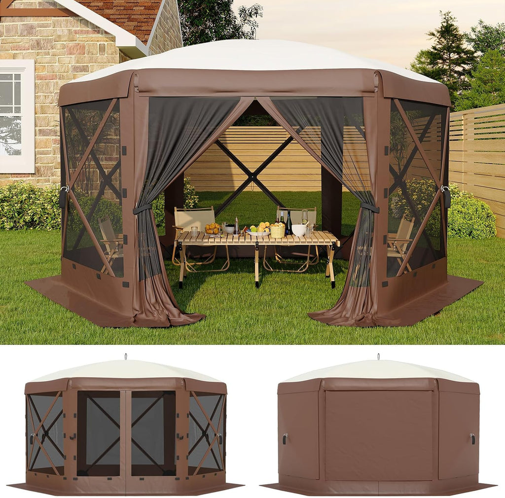 GarveeLife 11.5x11.5FT 6-Sided Pop Up Gazebo Tent，One-Push Setup Canopy Tent with Mesh Panels & Removable Wind Cloths, Outdoor shelter for Camping, Backyard Parties, Outdoor Events - Beige & Khaki