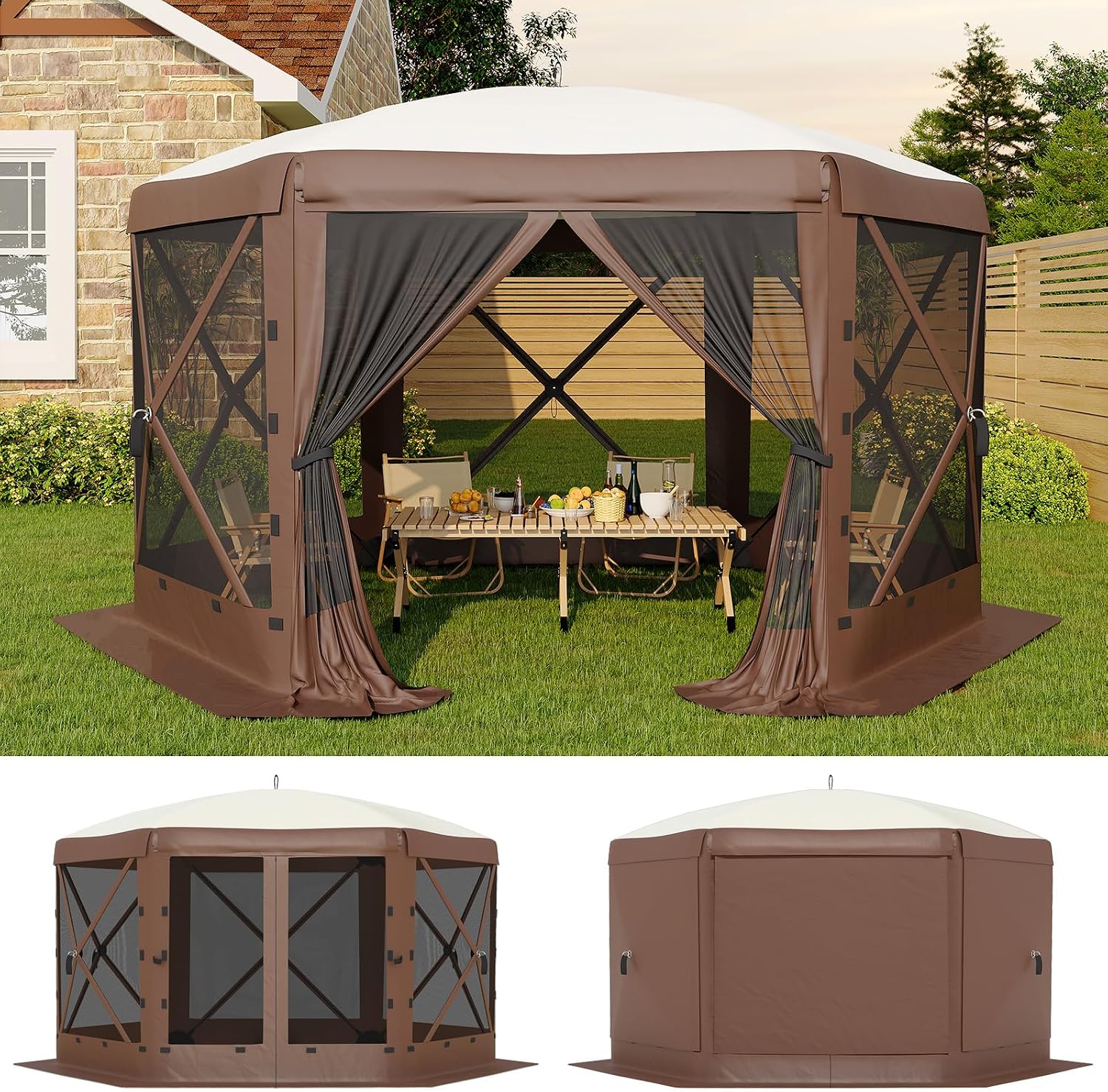 GarveeLife 11.5x11.5FT 6-Sided Pop Up Gazebo Tent，One-Push Setup Canopy Tent with Mesh Panels & Removable Wind Cloths, Outdoor shelter for Camping, Backyard Parties, Outdoor Events - Beige & Khaki