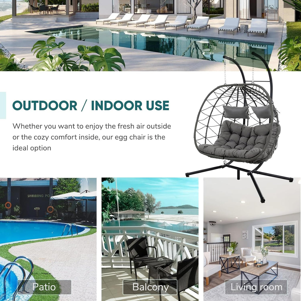 JOYBASE Double Swing Egg Chair with Stand, 2-Person Hanging Egg Chair Wicker Rattan Oversized Swinging Chair for Outdoor Indoor Garden Patio (Grey)
