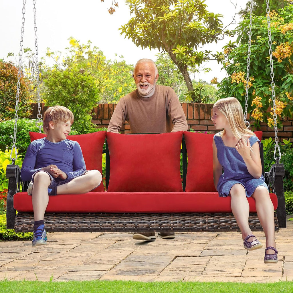 ZZW Heavy Duty 900 LBS Porch Swing Chair 3-Person Outdoor Rattan Patio Swing Lounge w/Cup-Holder & Steel Chains Wicker Hanging Bench Porch Swing Cushions for Deck & Backyard & Garden