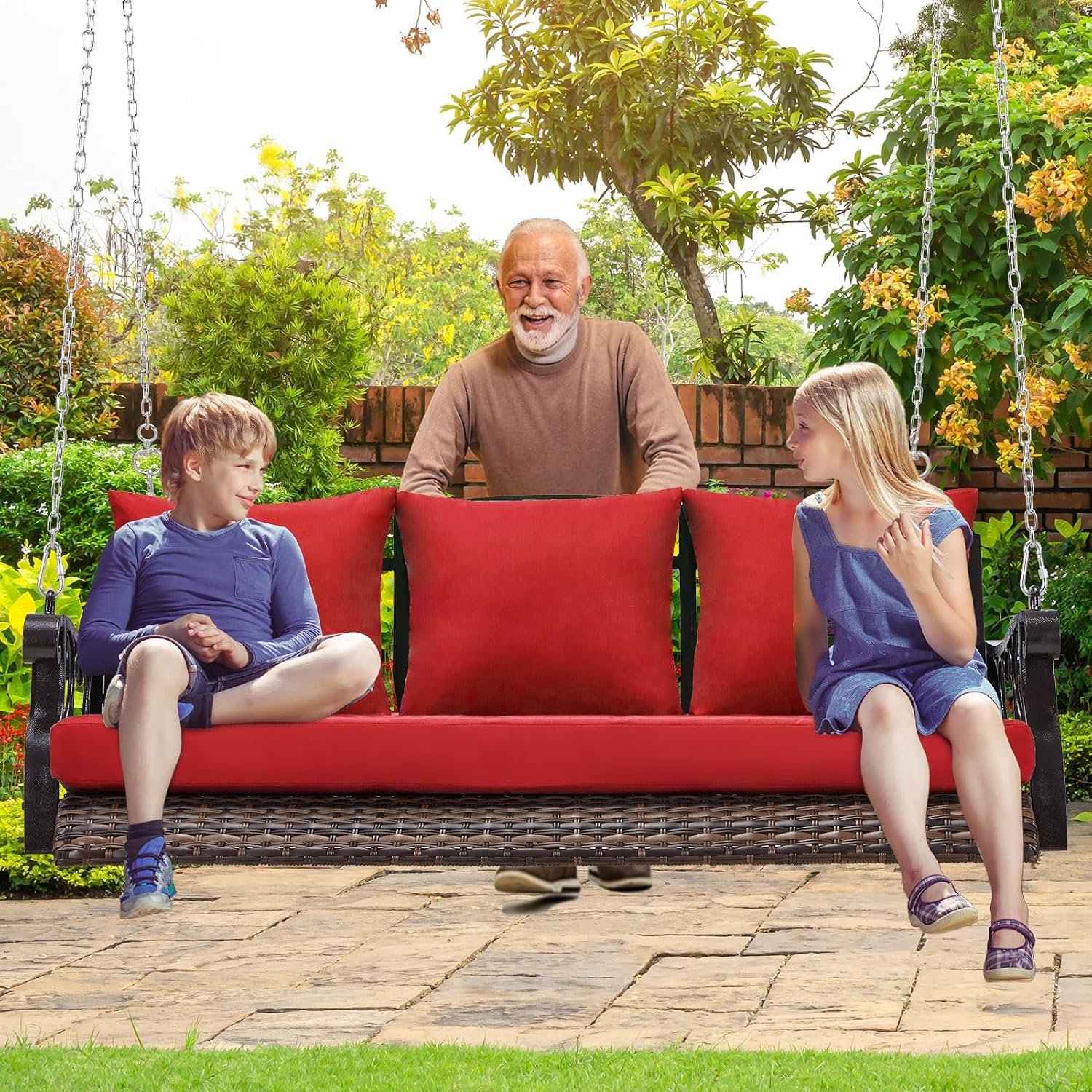 ZZW Heavy Duty 900 LBS Porch Swing Chair 3-Person Outdoor Rattan Patio Swing Lounge w/Cup-Holder & Steel Chains Wicker Hanging Bench Porch Swing Cushions for Deck & Backyard & Garden