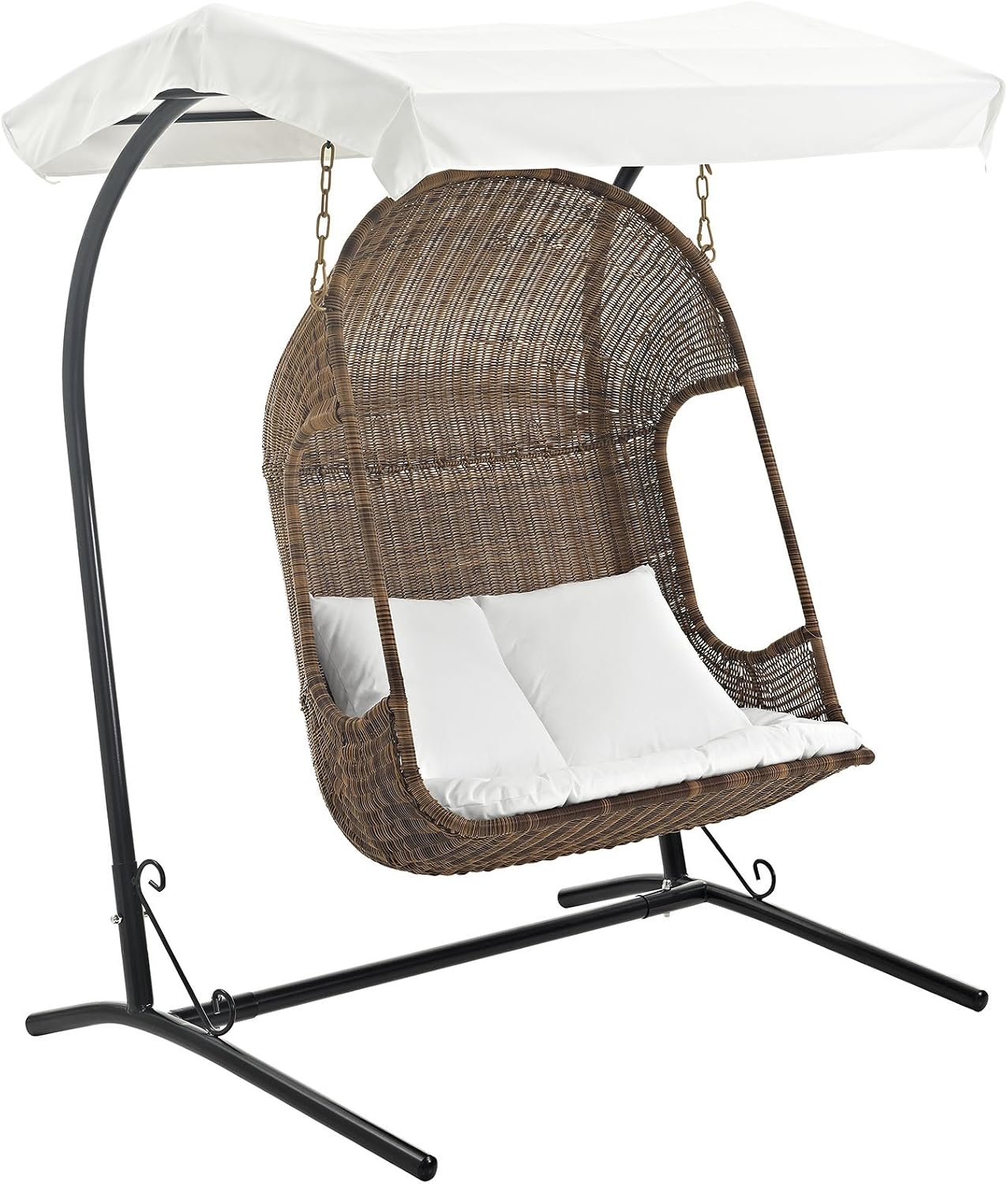 Modway Vantage Wicker Rattan Outdoor Patio Swing Chair with Canopy in Brown White