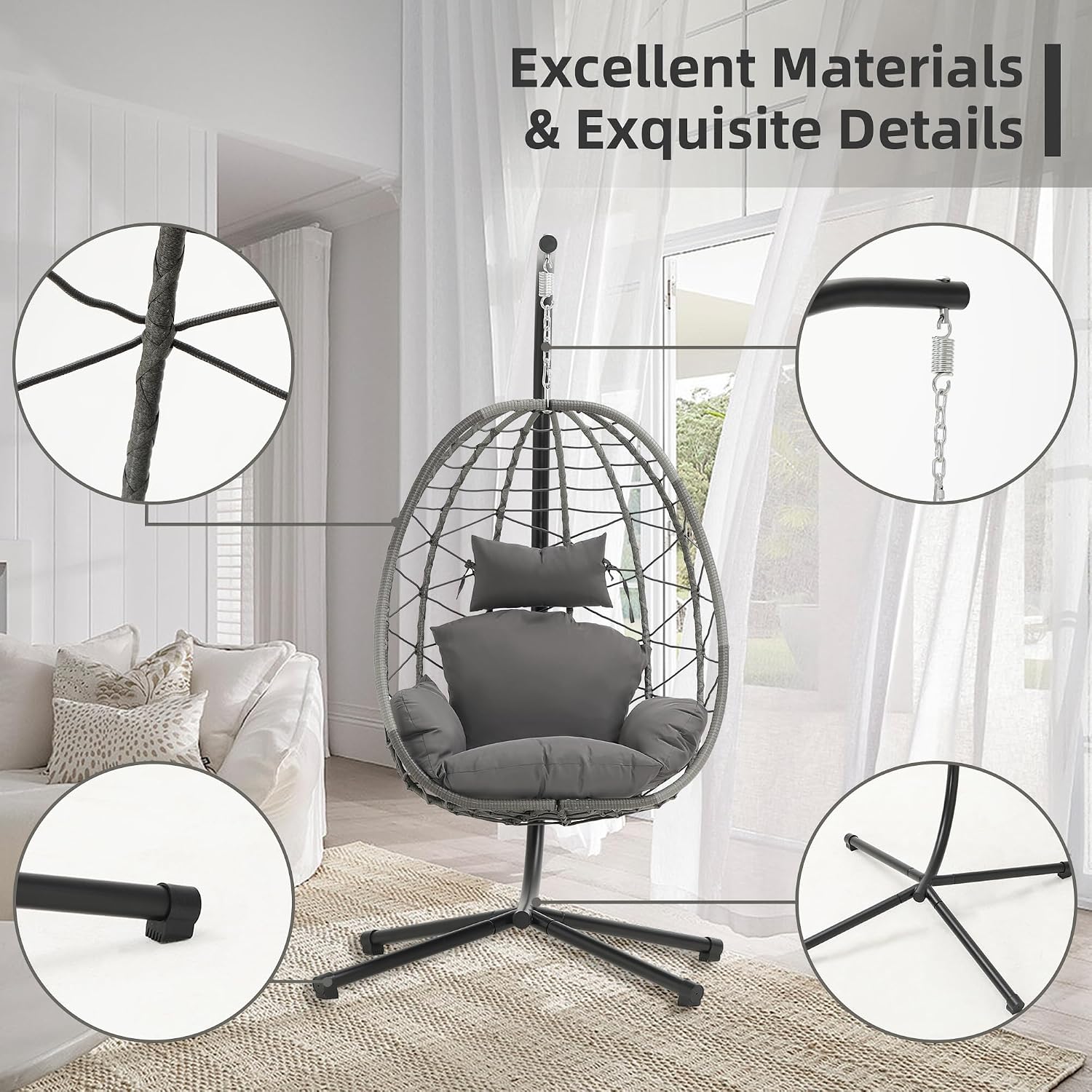 DoubleTT Egg Chair with Stand, Swing Chair Hanging Chair Nest Basket, UV Resistant Removable & Washable Cushions,350LBS Capacity for Bedroom, Balcony, Garden(GR-GR)
