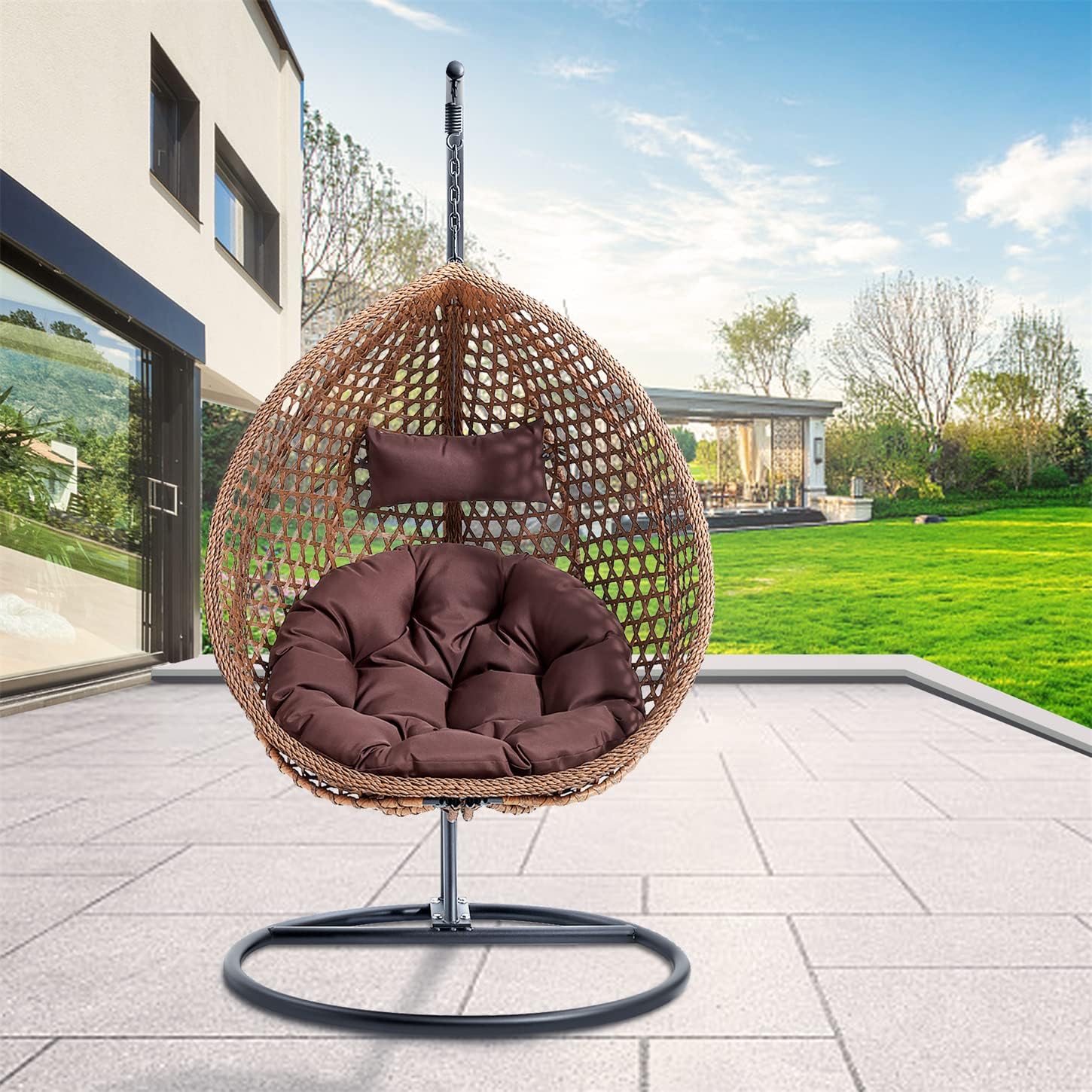 LKTART Egg Swing Chair with Stand Rattan Hanging Egg Chair with Cushions and Pillow Relaxing Chair Foldable Basket & Metal Stand Indoors or Outside 2-btrown