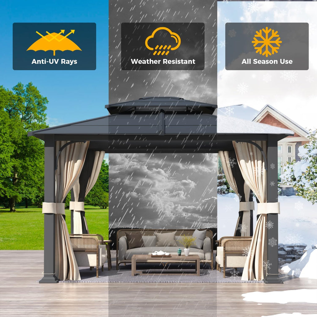 YOLENY 12'x 14' Gazebo with Galvanized Steel Roof, Double Roof Design with Anti-Rust Coating, Outdoor Gazebos with Curtains and Netting, Sunshade for Gardens, Lawns, Deck