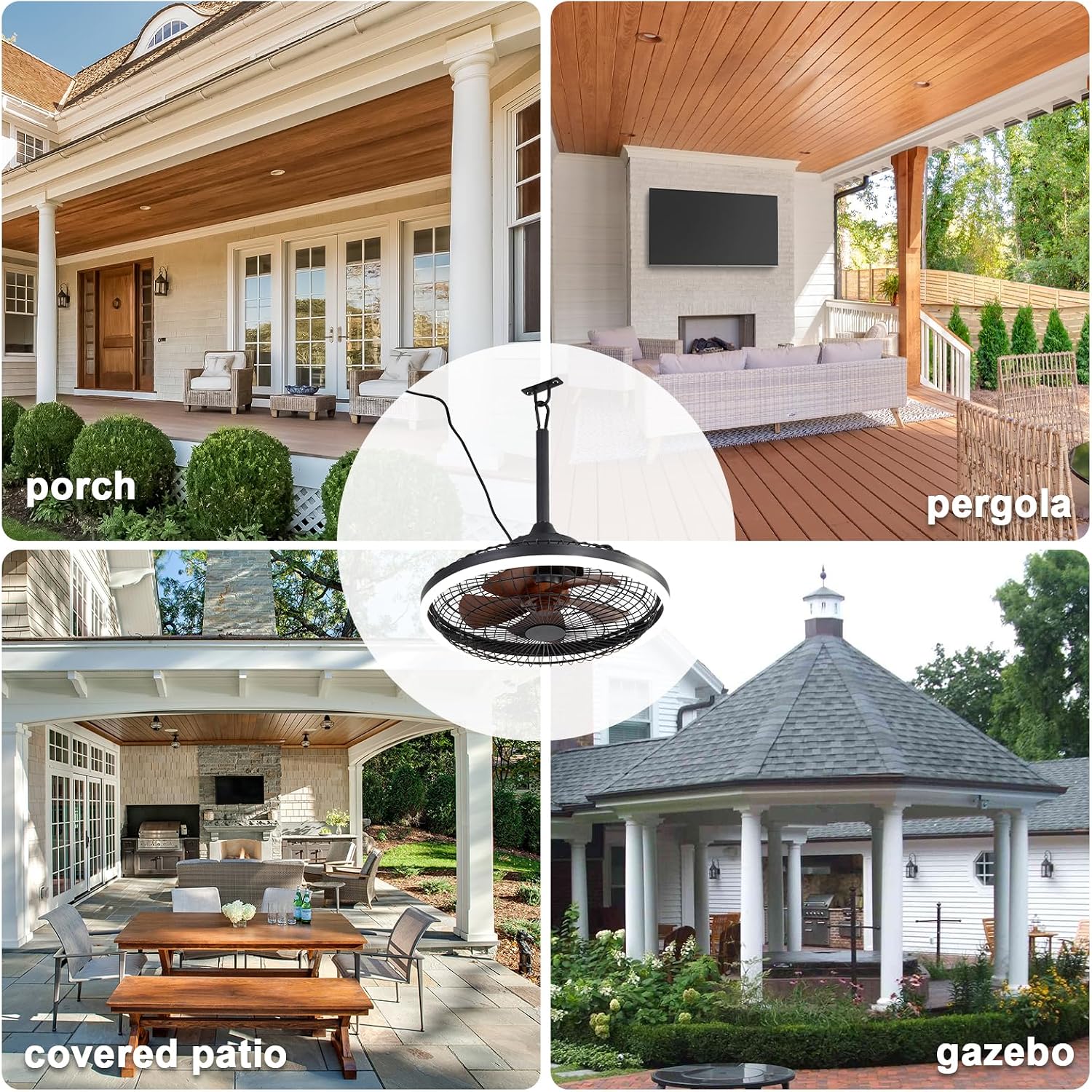 20' Waterproof Outdoor Ceiling Fan with Light Black Caged Gazebo Fans Outdoor Hanging for Patios Pergola Porch Gazebo, with Plug-in Cord, Dimmable LED Light, APP Remote Control, 6 Speeds