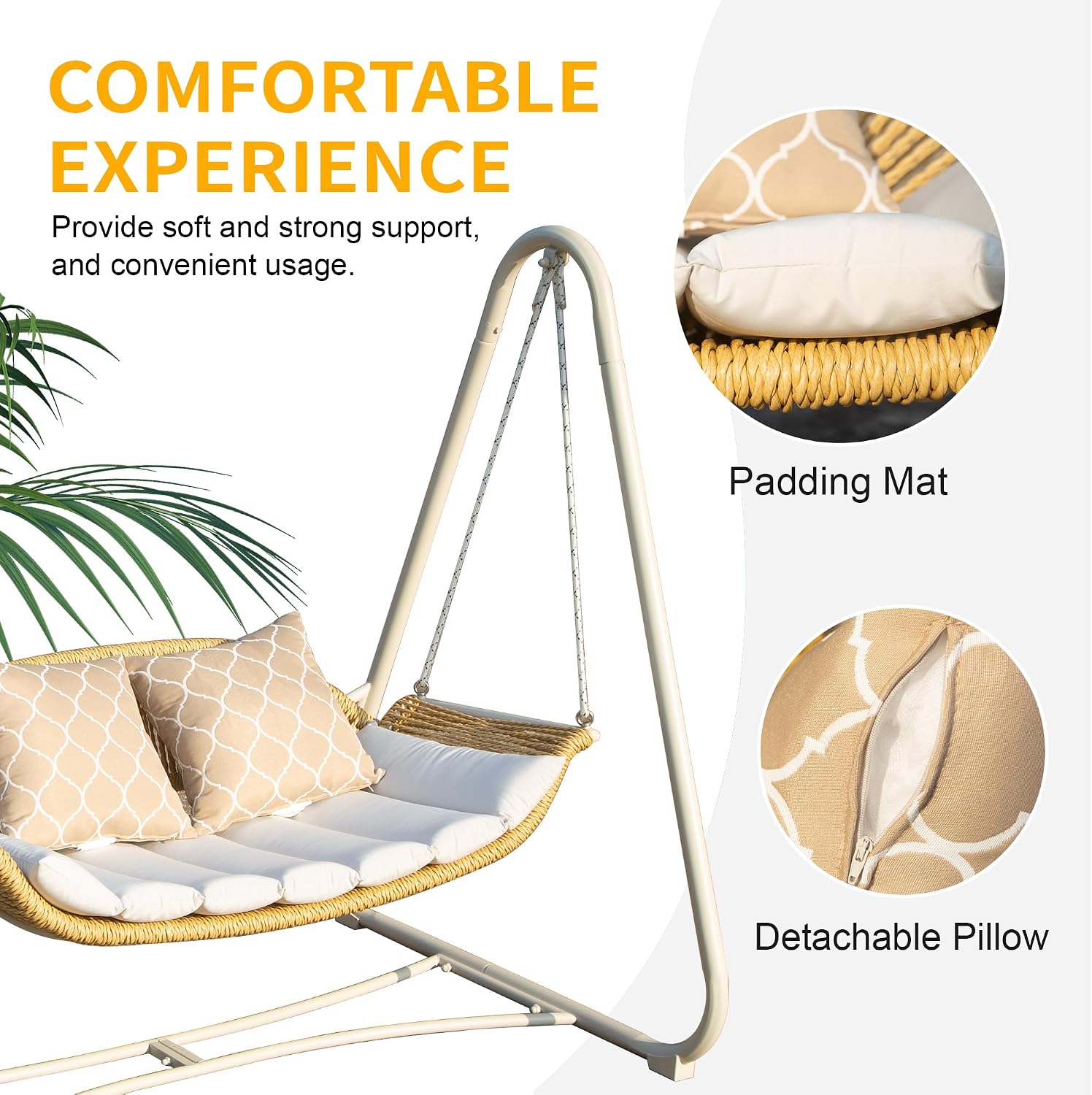 Domi Outdoor Patio Porch Swing, 2-Seat Hanging Swing Chair with Thickened Cushions and Pillow, Rattan Porch Swing Chair Outdoor Hammock Chair for Porch, Backyard, Garden